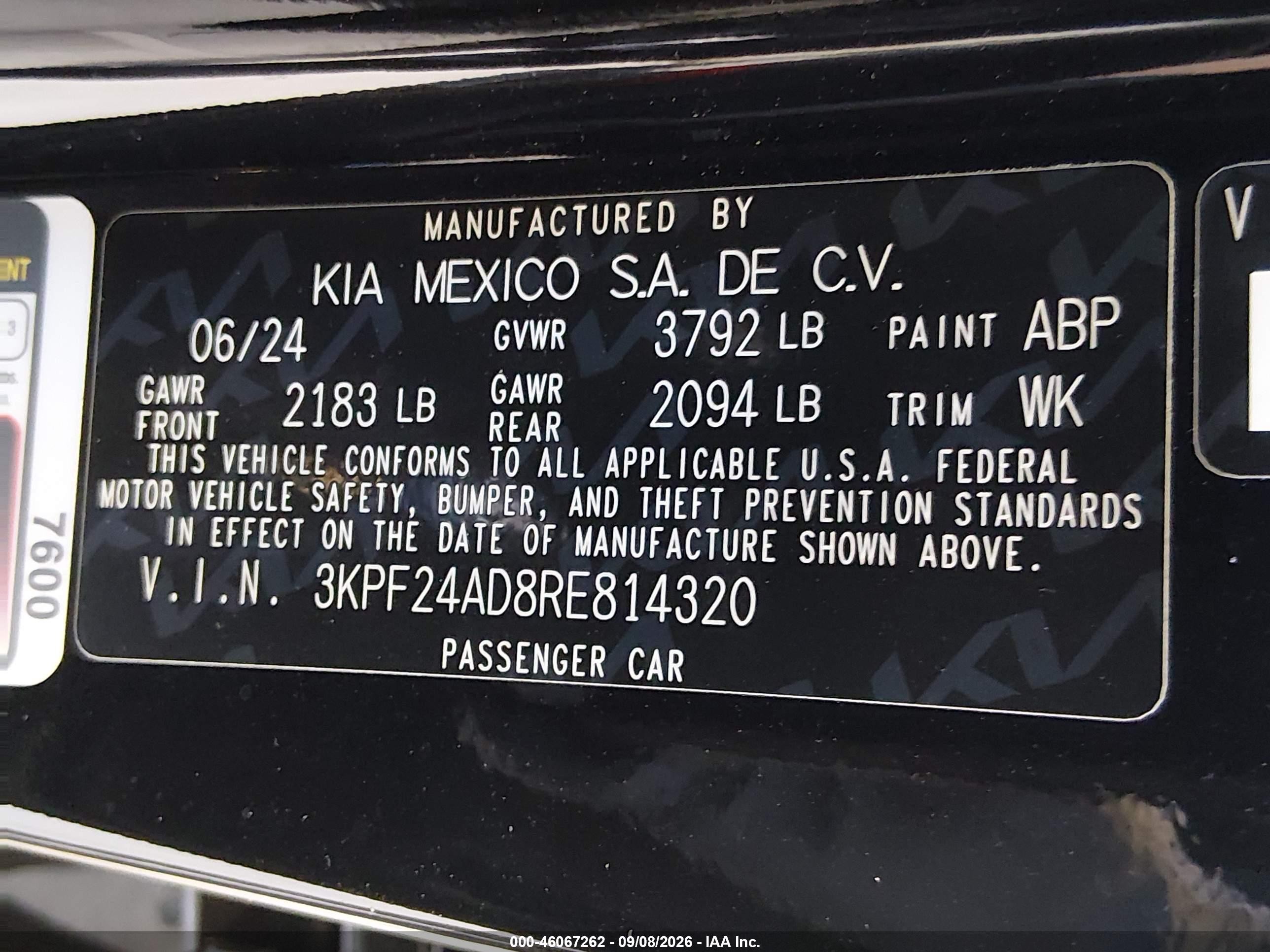 2024 Kia Forte VIN 3KPF24AD8RE814320 IAAI salvage auction — Rear End, Bill Of Sale (Washington), sold $4,350 on 2026-09-18 (photo 9)