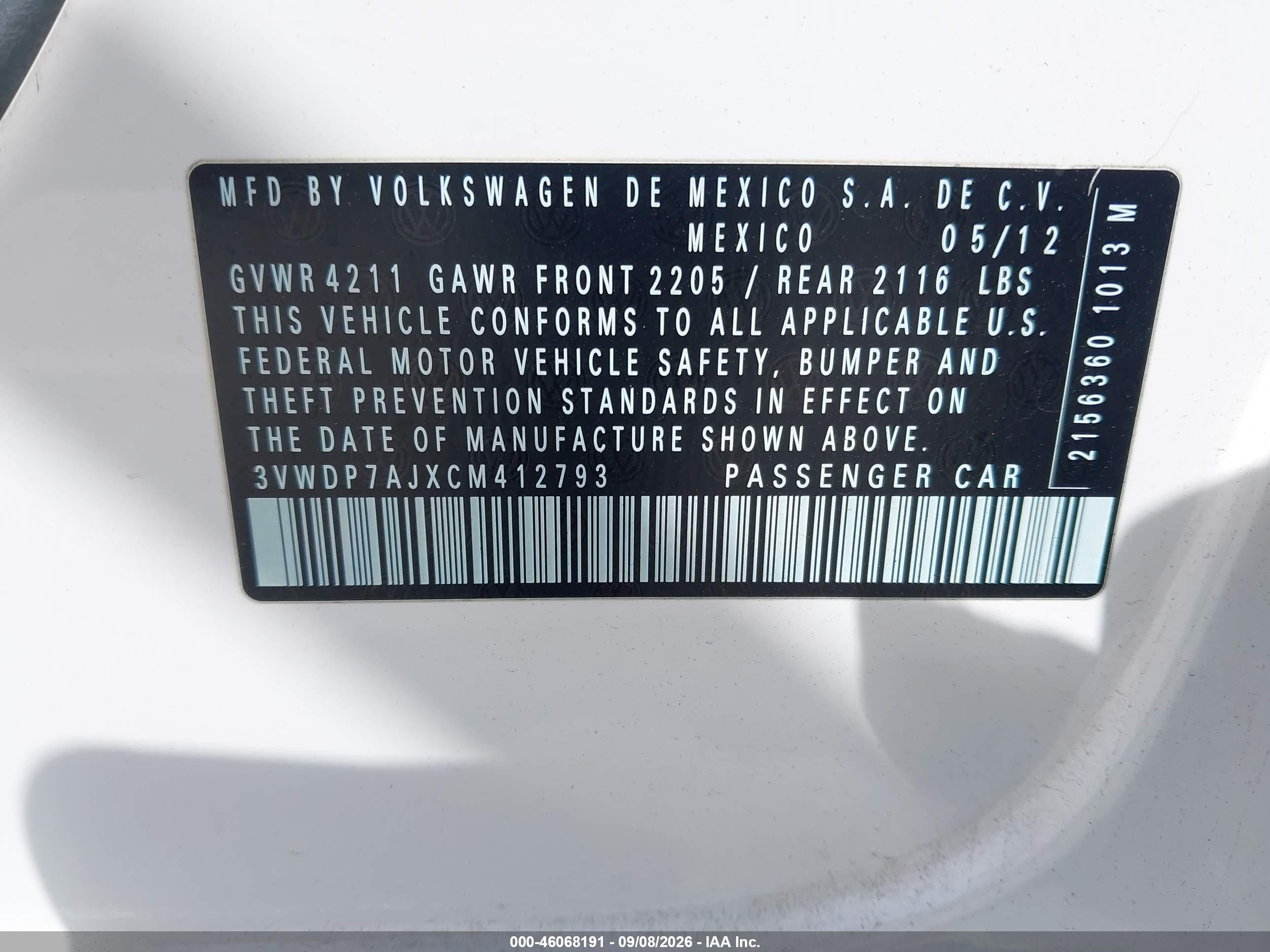 2012 Volkswagen Jetta VIN 3VWDP7AJXCM412793 IAAI salvage auction — Side, Salvage (California), sold $900 on 2026-09-25 (photo 9)