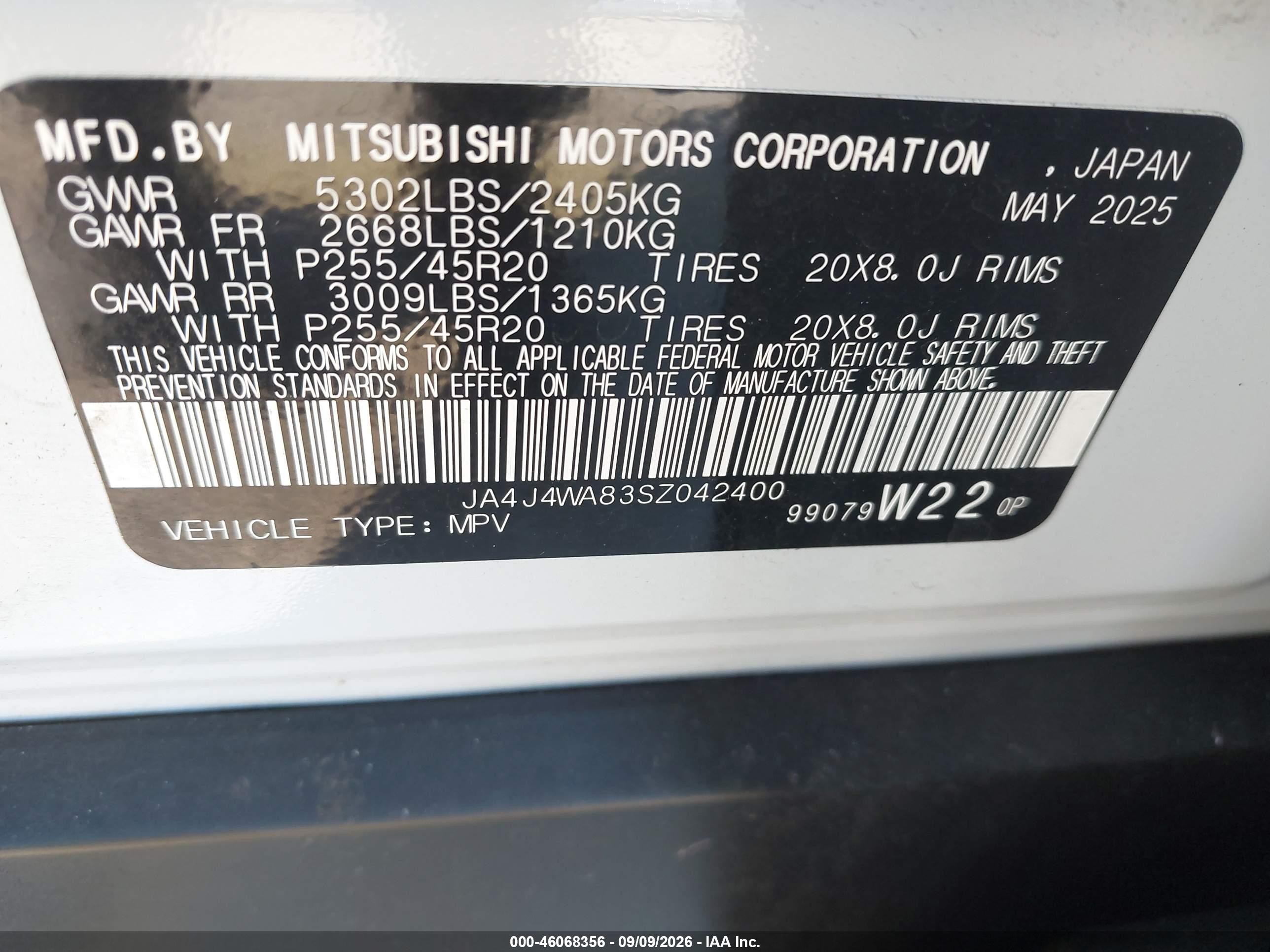 2025 Mitsubishi Outlander VIN JA4J4WA83SZ042400 IAAI salvage auction — Unknown, Rebuildable (Florida), sold $15,600 on 2026-09-24 (photo 9)