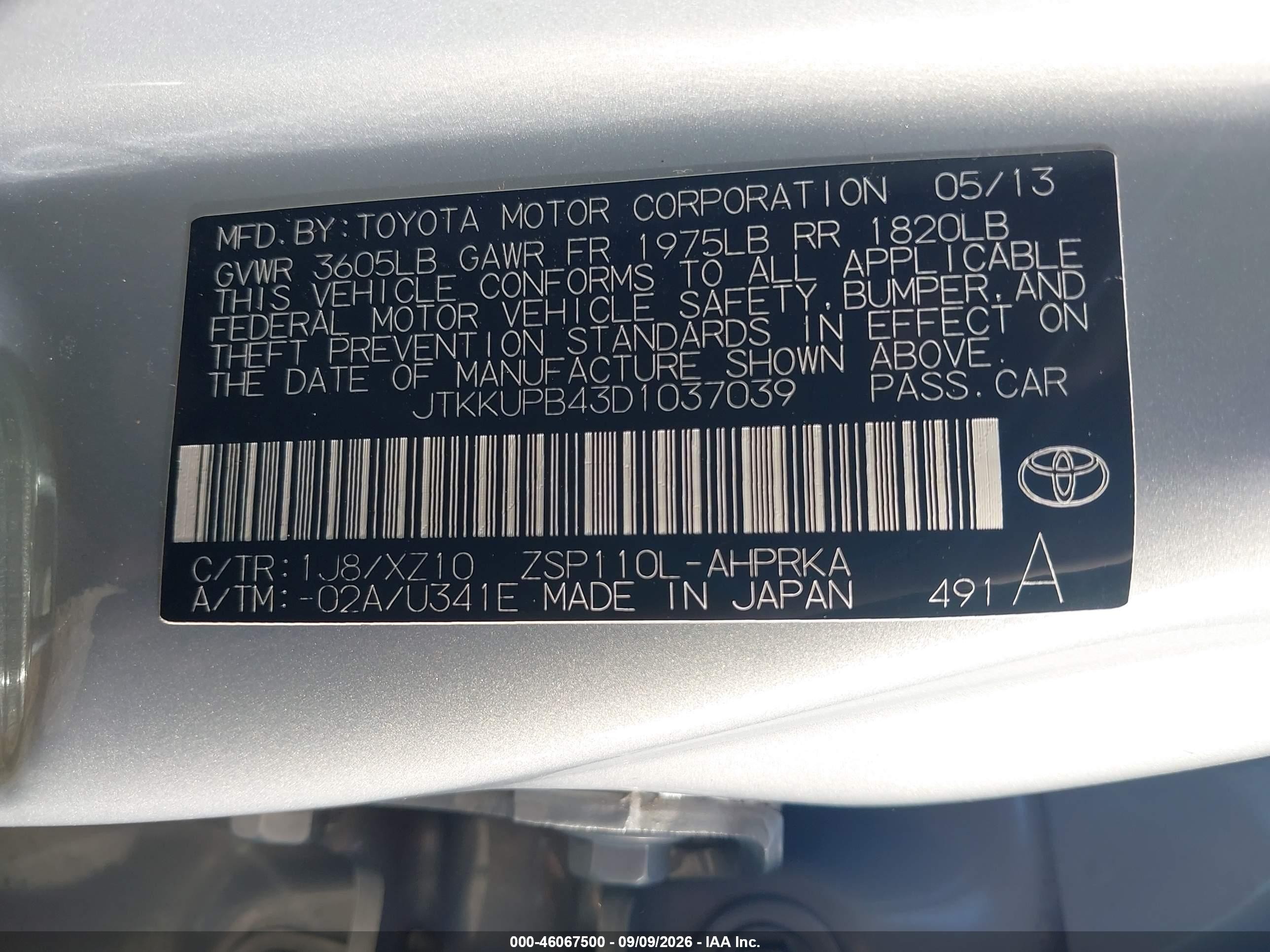 2013 Scion xD VIN JTKKUPB43D1037039 IAAI salvage auction — Front End, Salvage (Ohio), sold $800 on 2026-09-25 (photo 9)