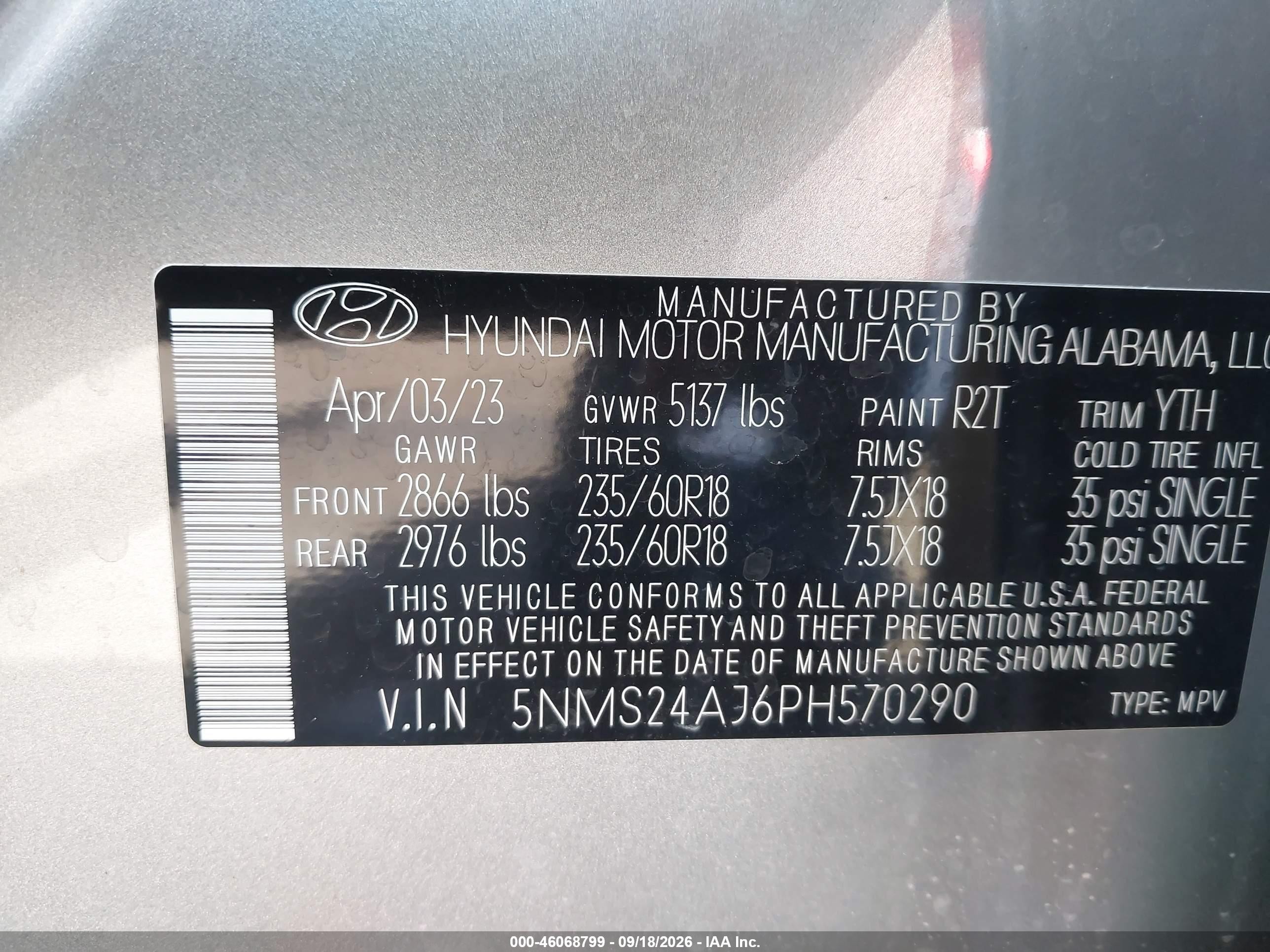 2023 Hyundai Santa Fe VIN 5NMS24AJ6PH570290 IAAI salvage auction — Electrical, Salvage Certificate (California), sold $8,900 on 2026-09-23 (photo 9)