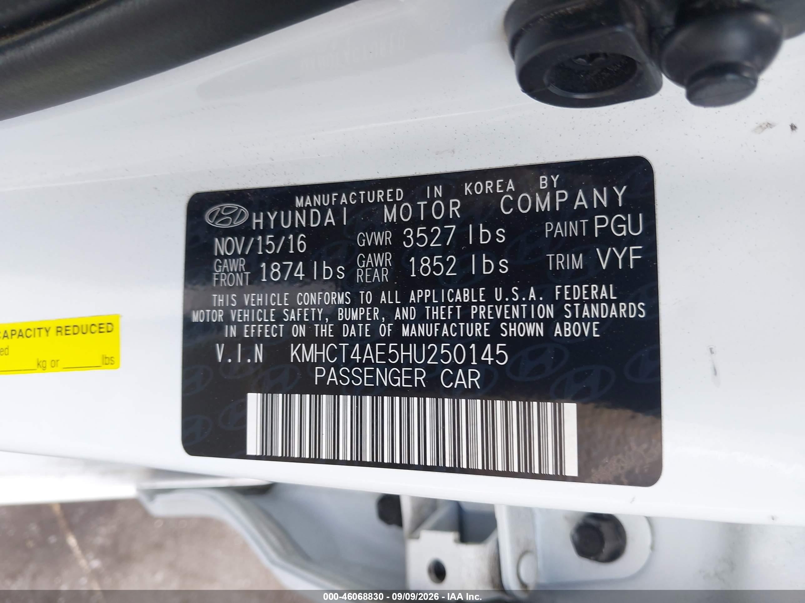 2017 Hyundai Accent VIN KMHCT4AE5HU250145 IAAI salvage auction — Rear End, Salvage Certificate (California), sold $1,750 on 2026-09-24 (photo 9)