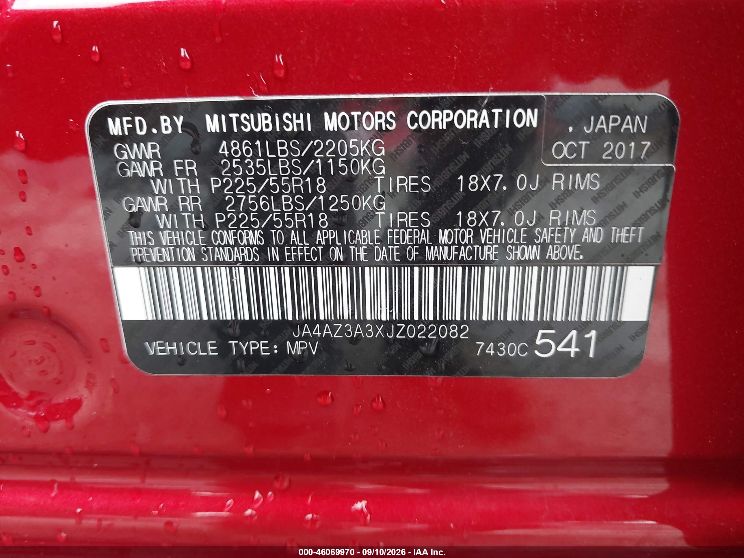 2018 Mitsubishi Outlander VIN JA4AZ3A3XJZ022082 IAAI salvage auction — Front End, Salvage (Pennsylvania), sold $1,500 on 2026-10-01 (photo 9)