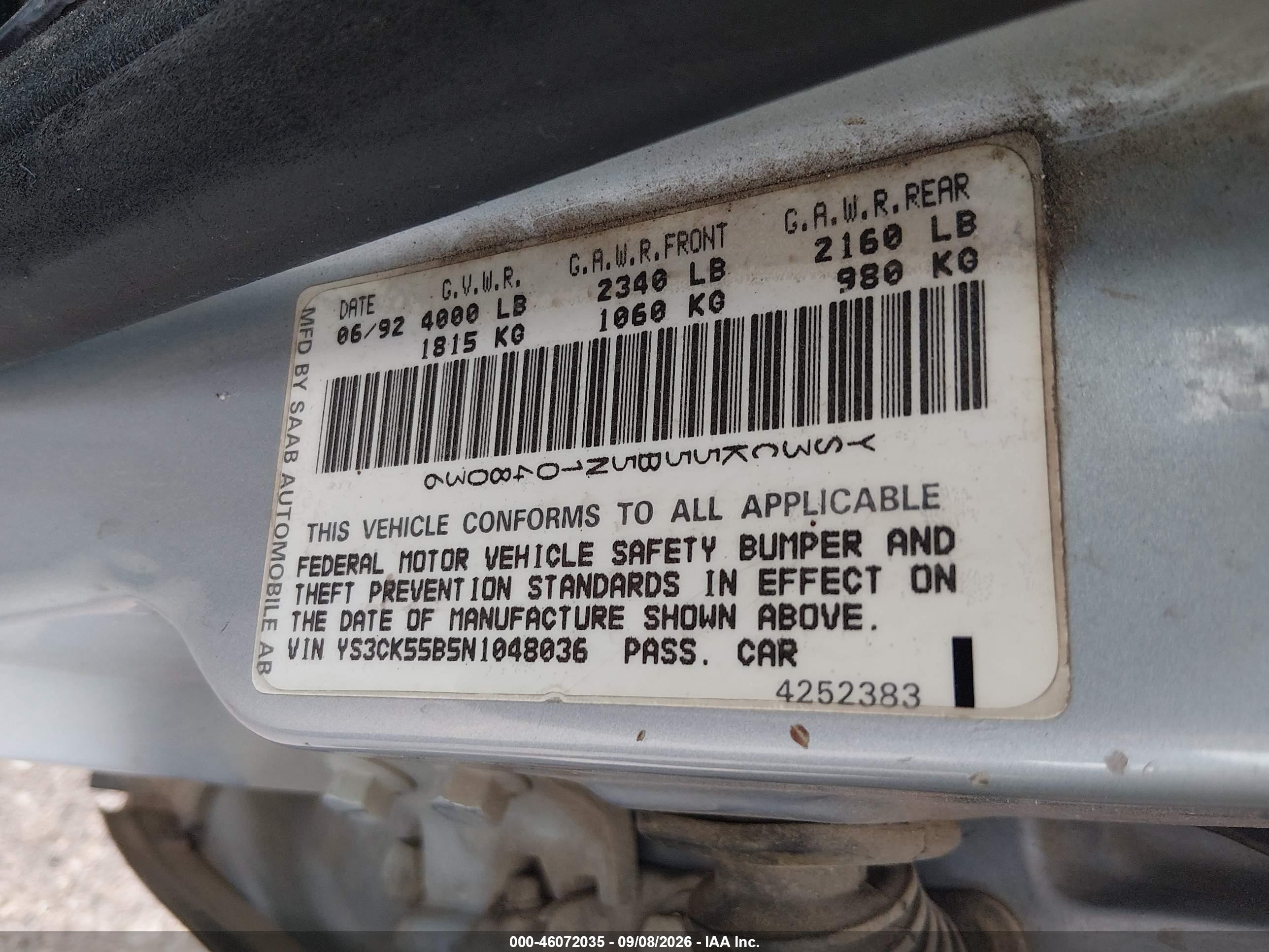 1992 Saab 9000 VIN YS3CK55B5N1048036 IAAI salvage auction — Normal Wear, Clear (Colorado), sold $225 on 2026-09-22 (photo 9)
