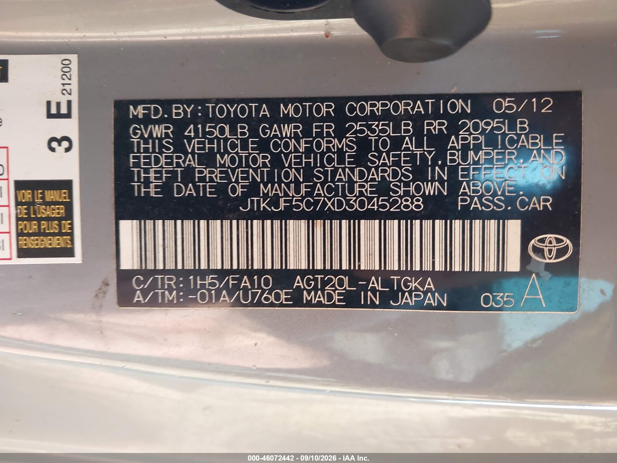2013 Scion tC VIN JTKJF5C7XD3045288 IAAI salvage auction — Storm Damage, Rebuildable (Florida), sold $825 on 2026-09-17 (photo 9)