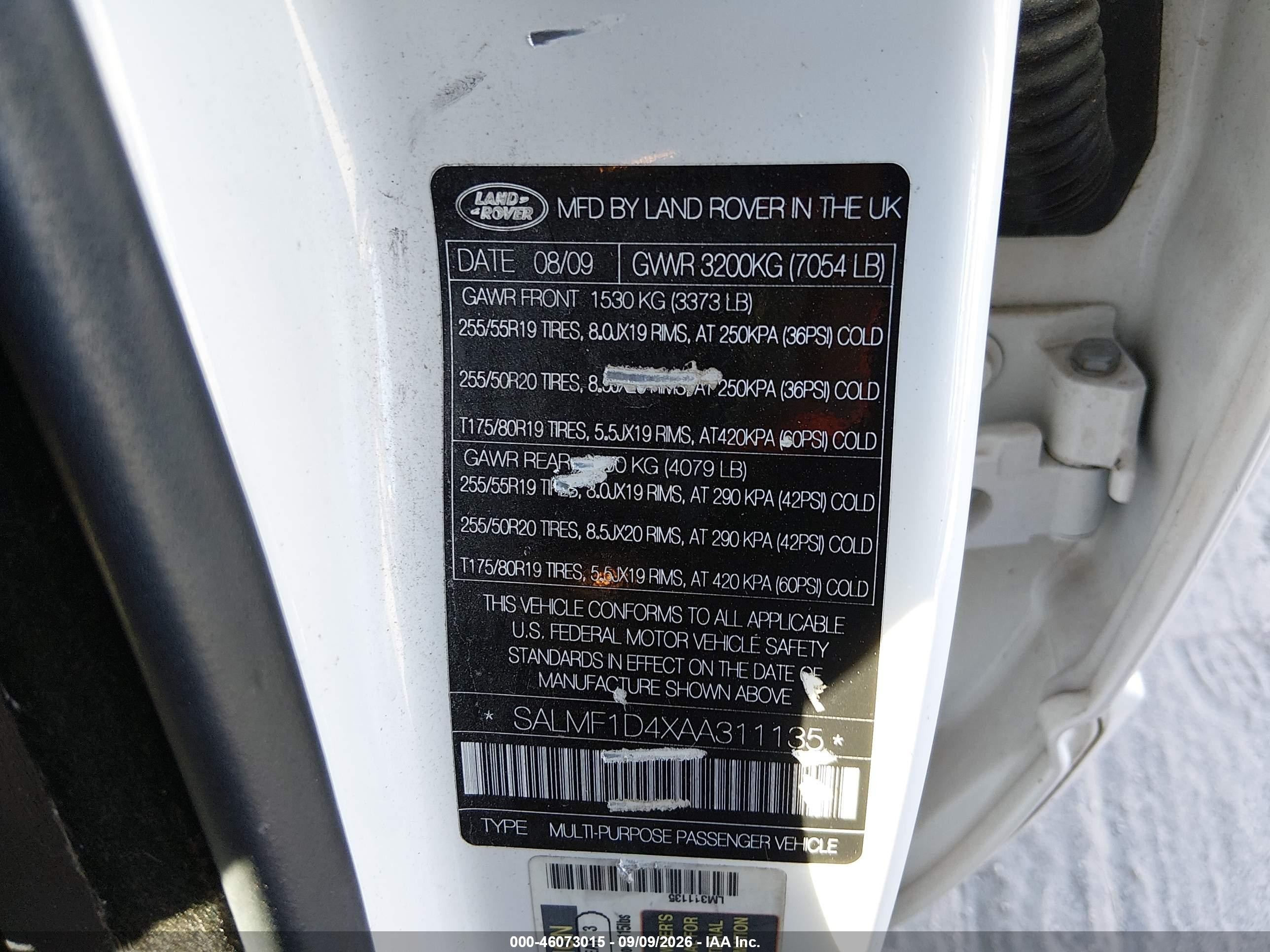 2010 Land Rover Range Rover VIN SALMF1D4XAA311135 IAAI salvage auction — Unknown, Clear (Tennessee), sold $700 on 2026-09-14 (photo 9)