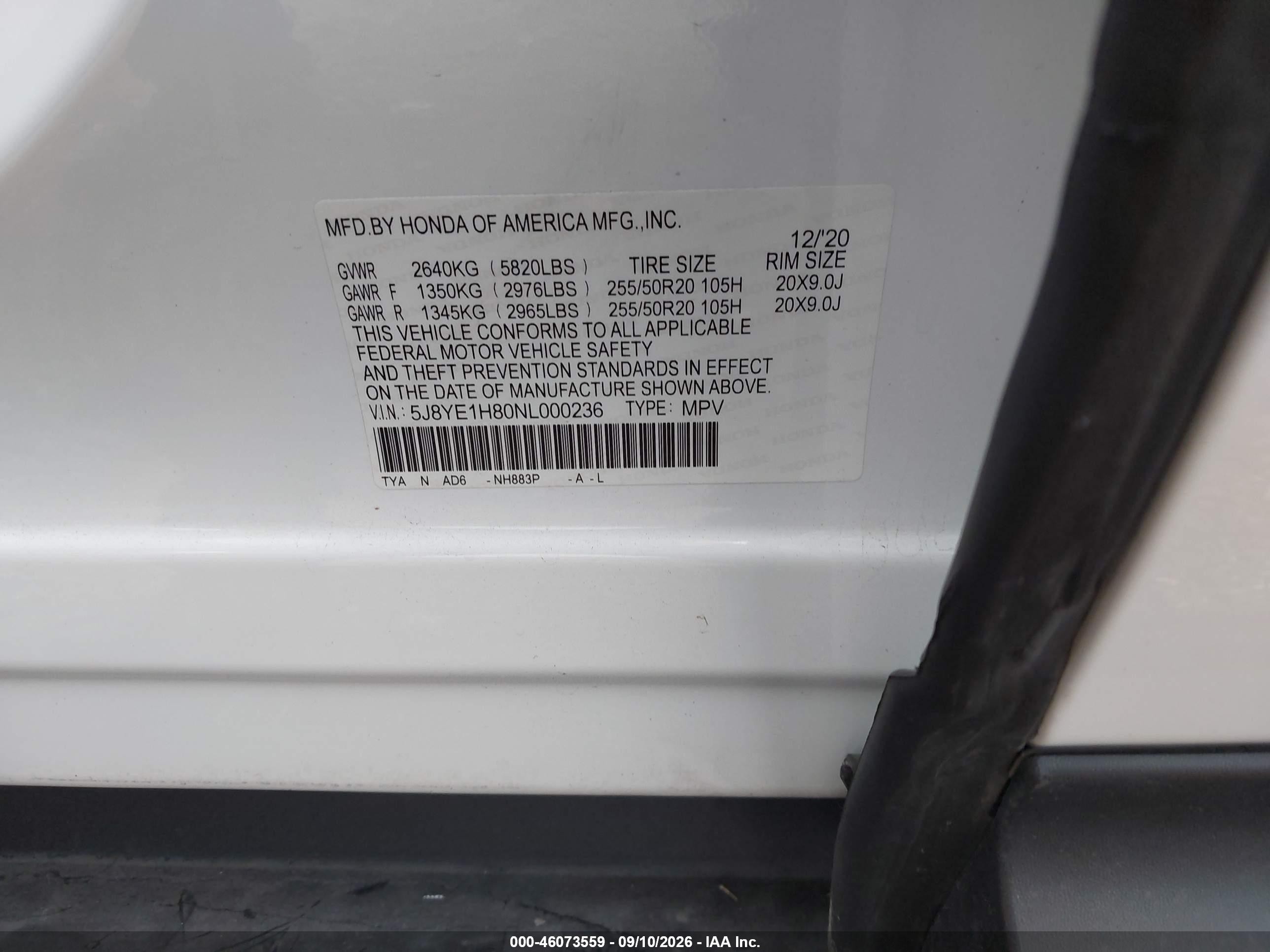 2022 Acura MDX VIN 5J8YE1H80NL000236 IAAI salvage auction — Unknown, Salvage (Texas), sold $11,500 on 2026-09-24 (photo 9)