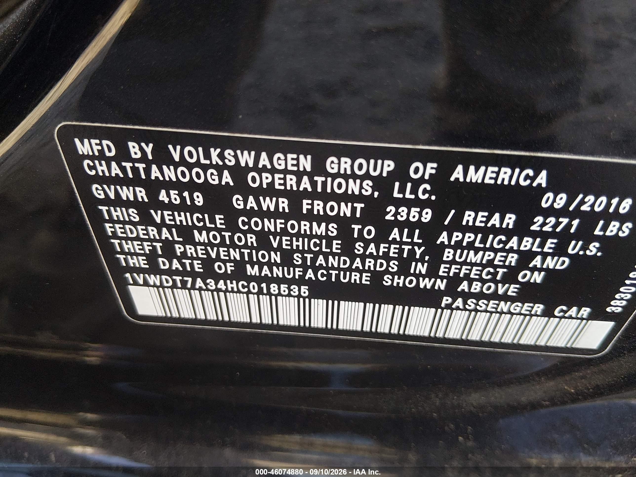 2017 Volkswagen Passat VIN 1VWDT7A34HC018535 IAAI salvage auction — Transmission Damage, Clear (Georgia), sold $1,600 on 2026-09-14 (photo 9)