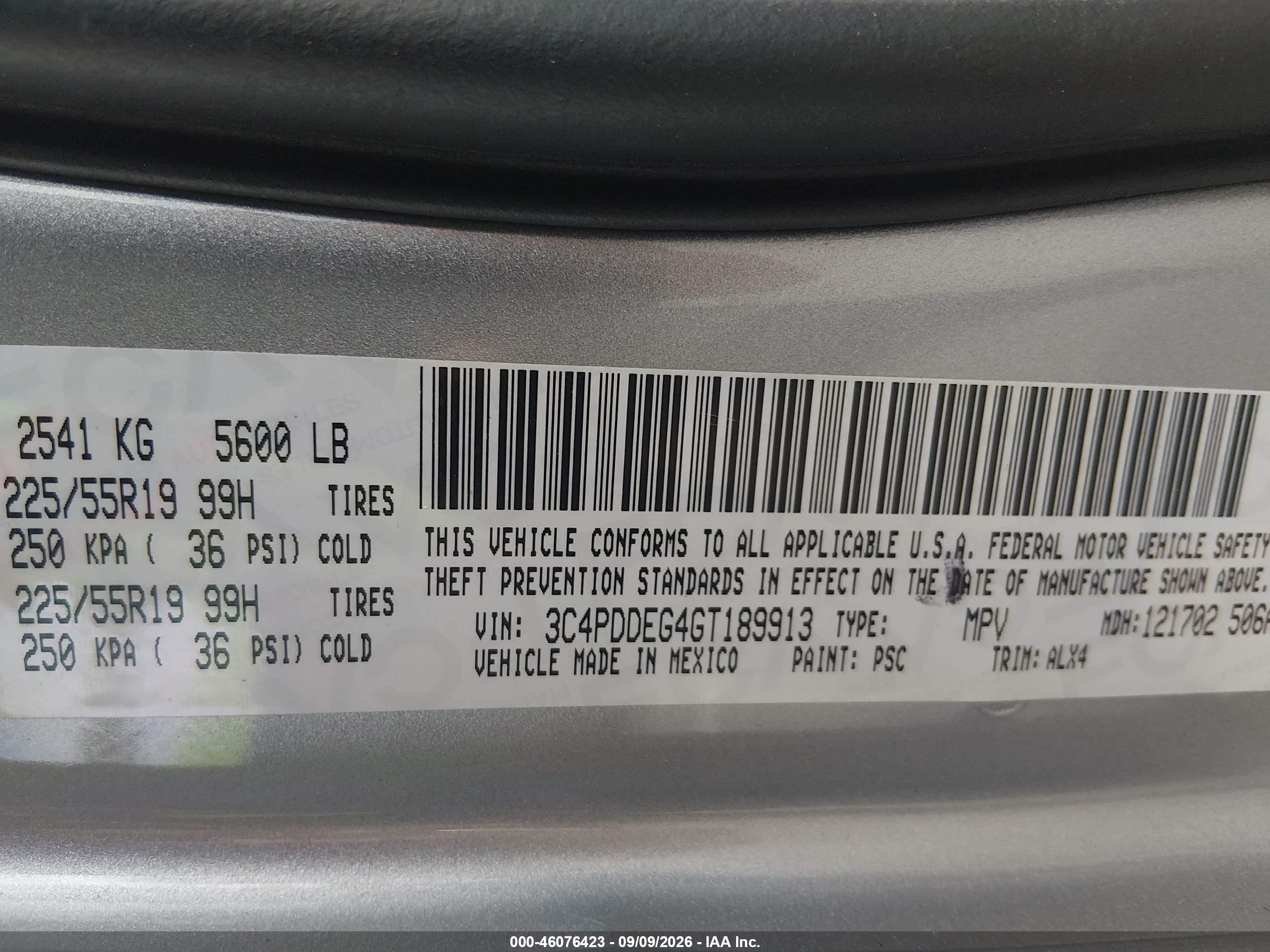 2016 Dodge Journey VIN 3C4PDDEG4GT189913 IAAI salvage auction — Side, Clear (New Jersey), sold $1,350 on 2026-09-29 (photo 9)