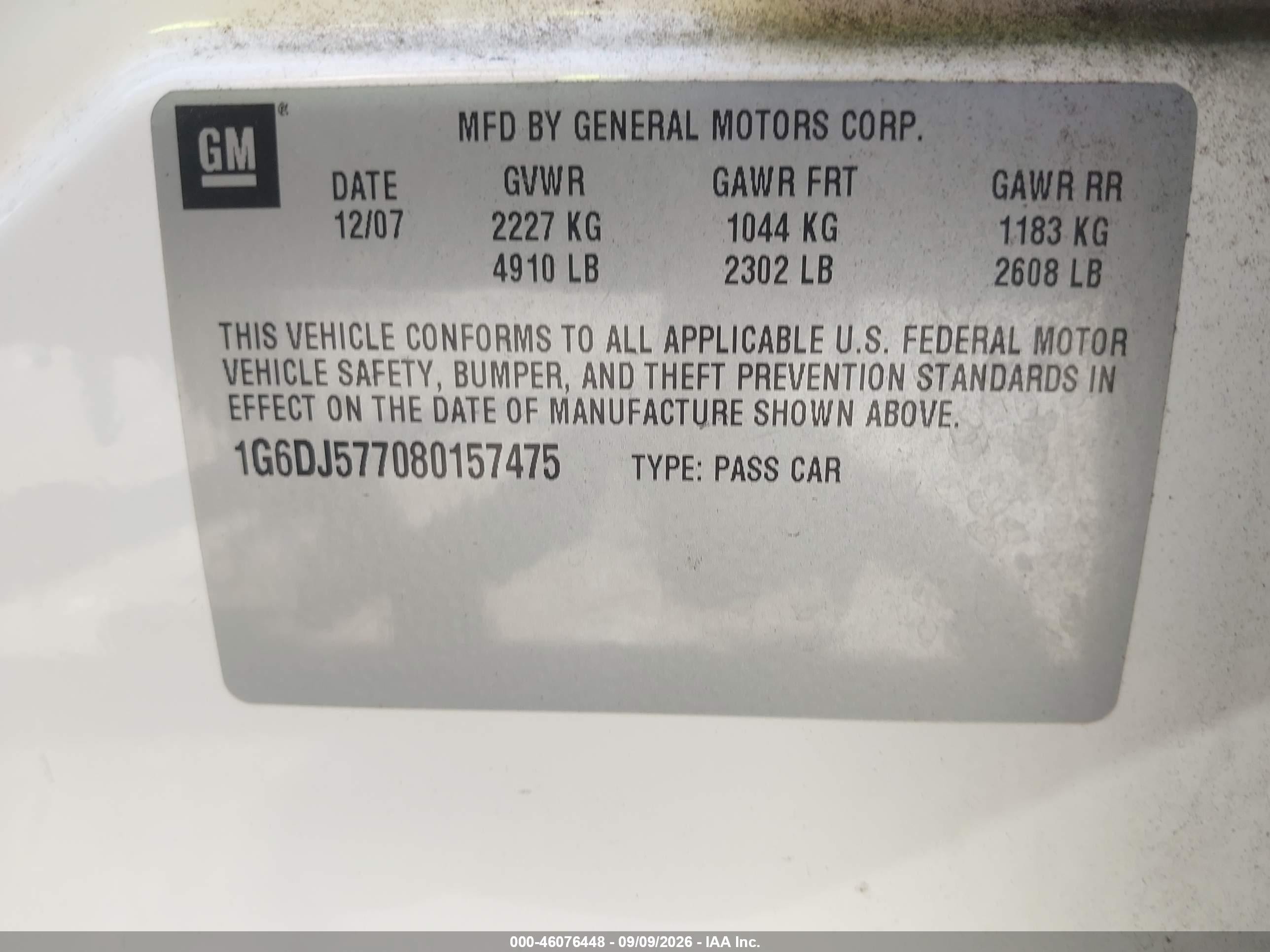 2008 Cadillac Cts VIN 1G6DJ577080157475 IAAI salvage auction — Electrical, Clear (Virginia), sold $200 on 2026-09-17 (photo 9)