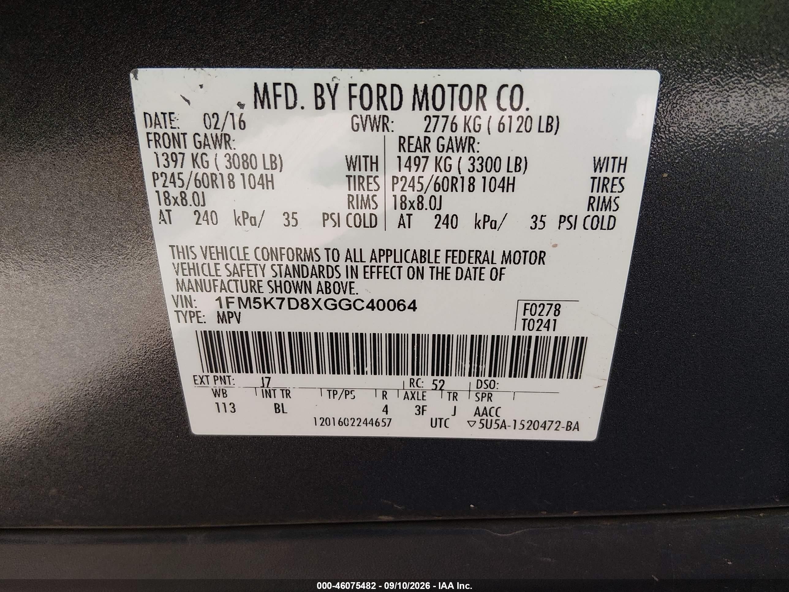 2016 Ford Explorer VIN 1FM5K7D8XGGC40064 IAAI salvage auction — Front End, Salvage (Texas), sold $2,200 on 2026-10-02 (photo 9)