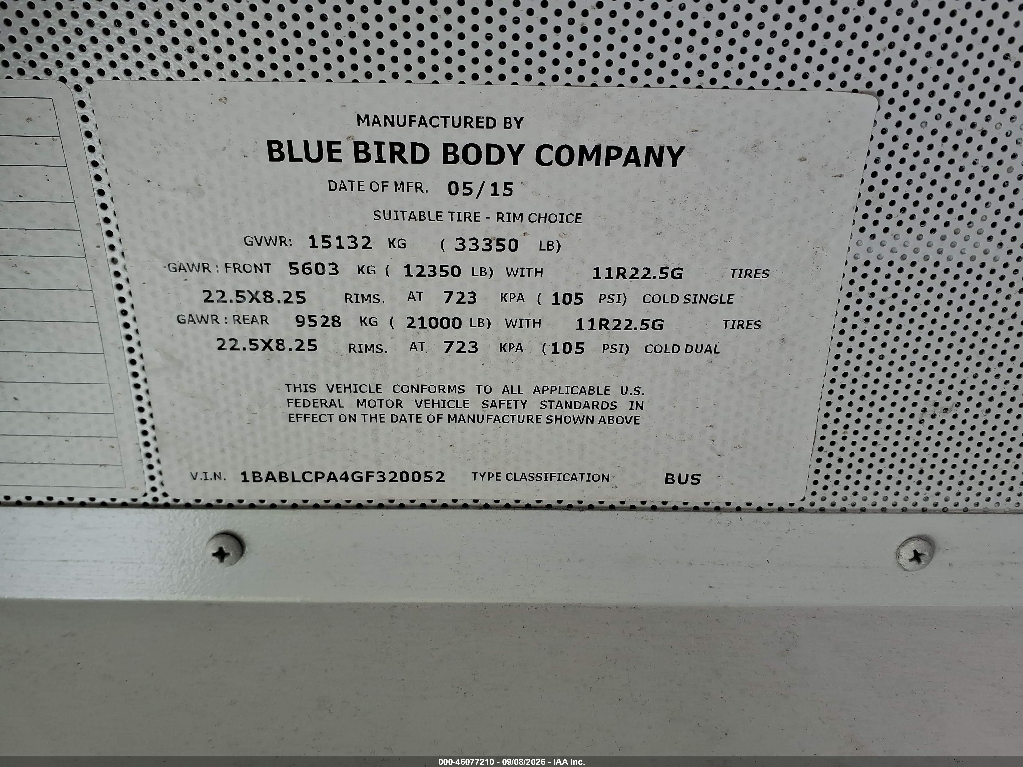 2016 Blue Bird School Bus / Transit Bus VIN 1BABLCPA4GF320052 IAAI salvage auction — Normal Wear, SF97 (North Carolina), sold $13,050 on 2026-10-20 (photo 9)