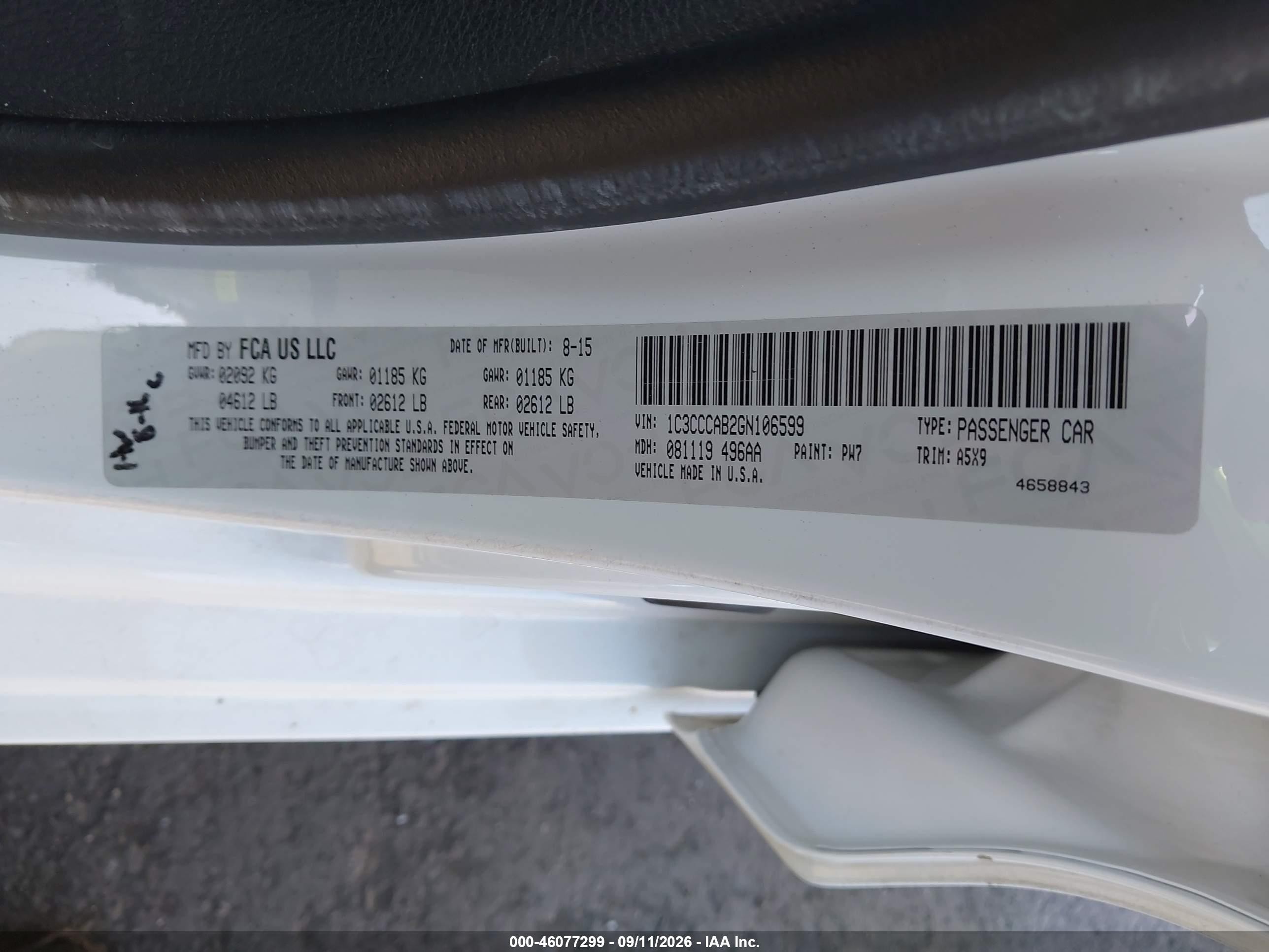 2016 Chrysler 200 VIN 1C3CCCAB2GN106599 IAAI salvage auction — Front End, Wait Title, sold $875 on 2026-09-20 (photo 9)