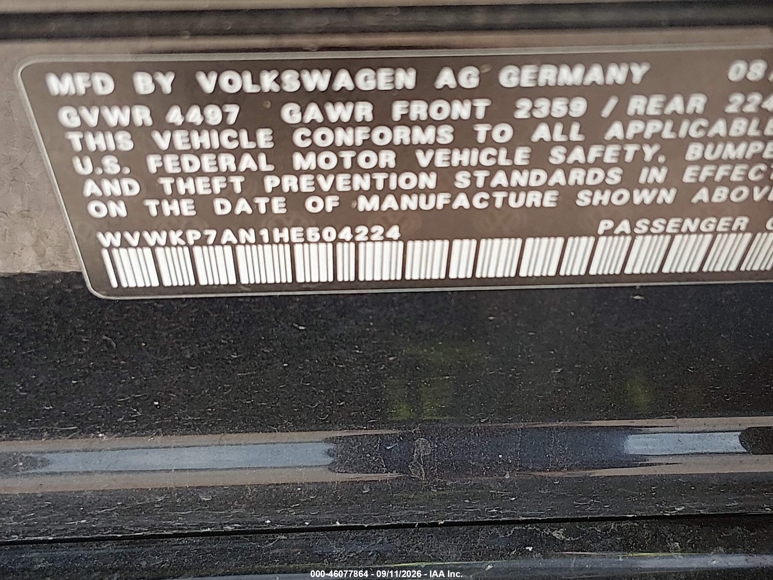 2017 Volkswagen CC VIN WVWKP7AN1HE504224 IAAI salvage auction — Repossession, Original (Texas), sold $1,950 on 2026-10-09 (photo 9)