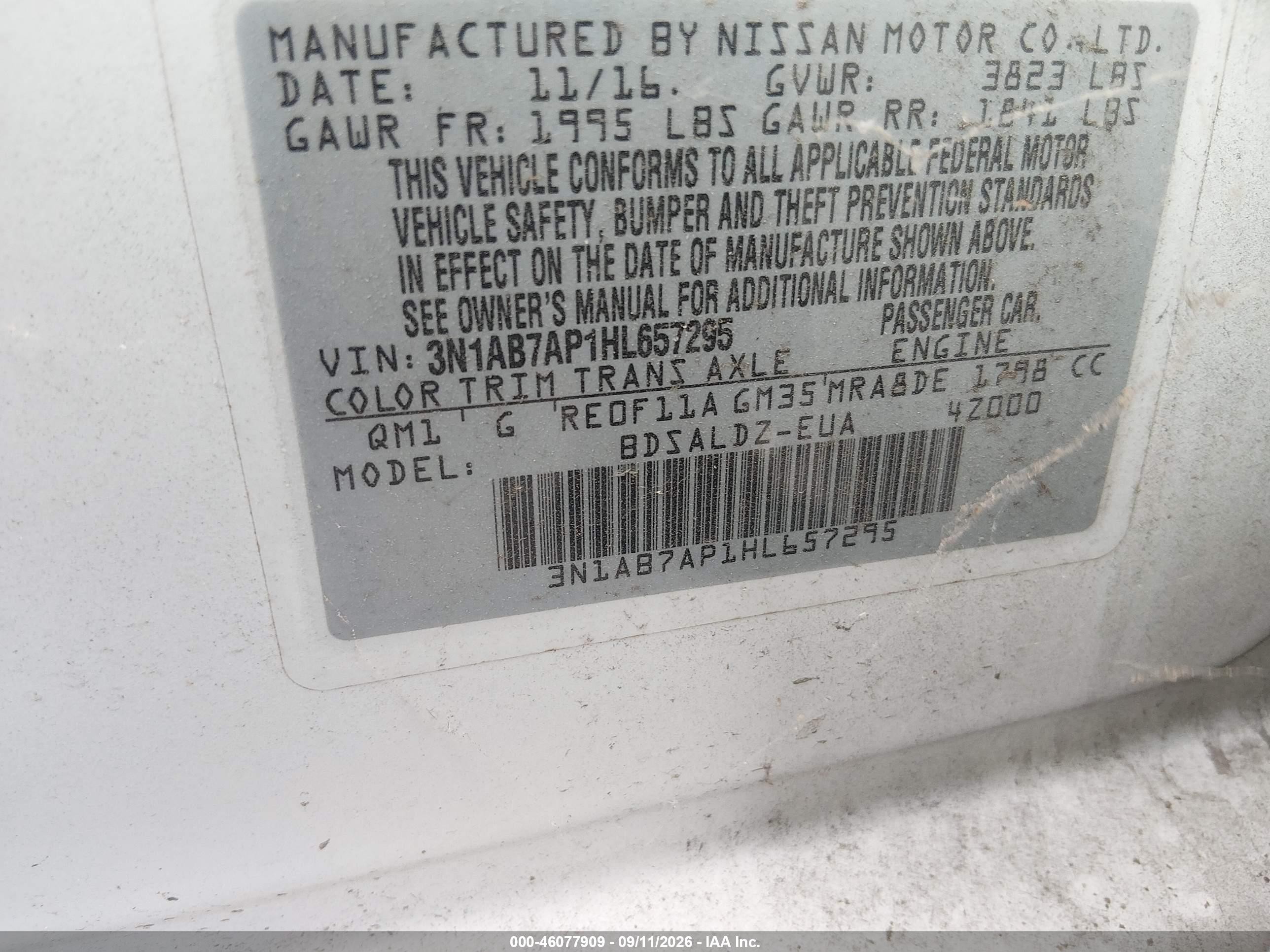 2017 Nissan Sentra VIN 3N1AB7AP1HL657295 IAAI salvage auction — Normal Wear, Salvage Rebuilt (North Carolina), sold $2,100 on 2026-09-29 (photo 9)