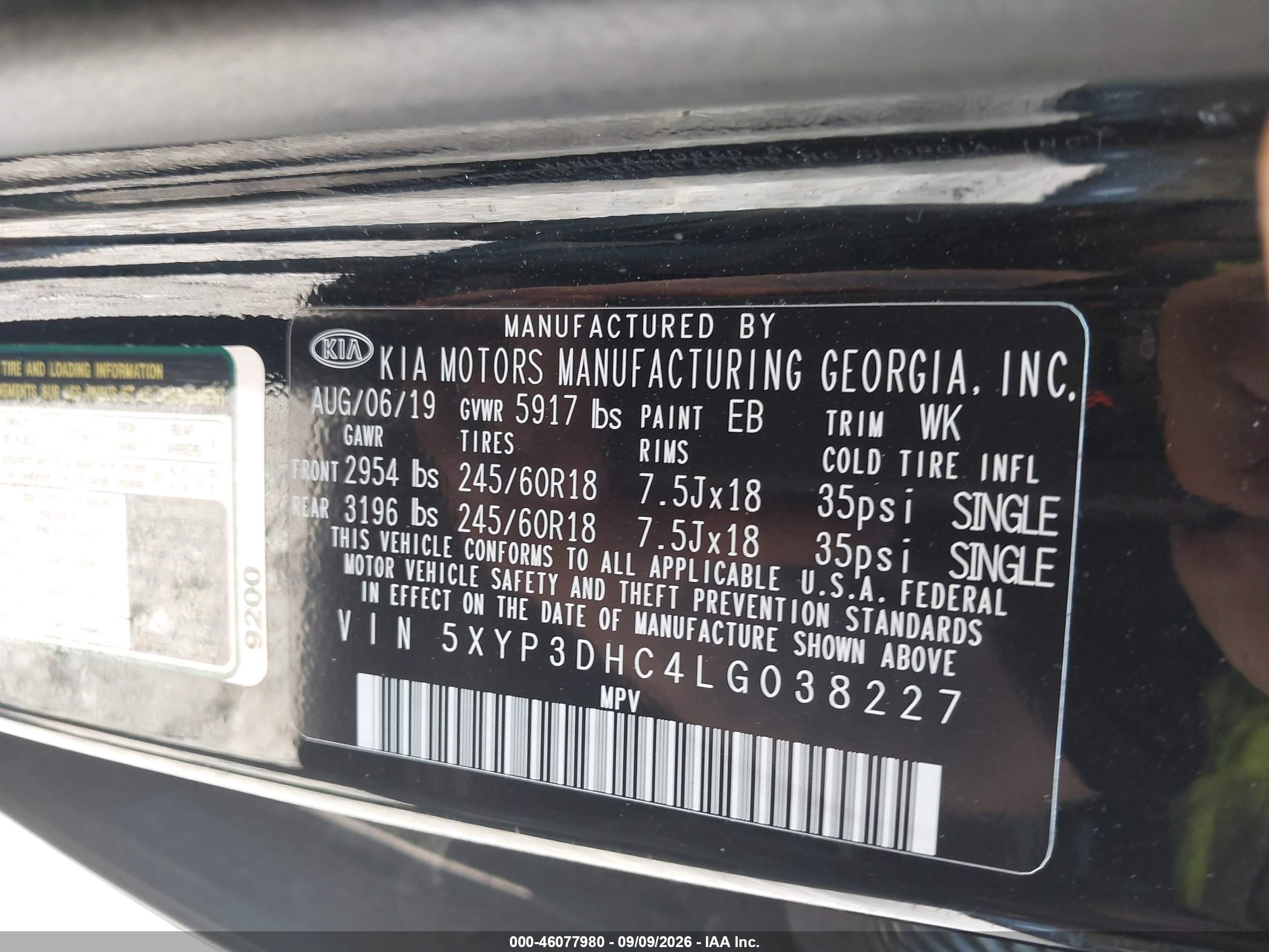 2020 Kia Telluride VIN 5XYP3DHC4LG038227 IAAI salvage auction — Front End, Salvage (Pennsylvania), sold $7,600 on 2026-10-06 (photo 9)