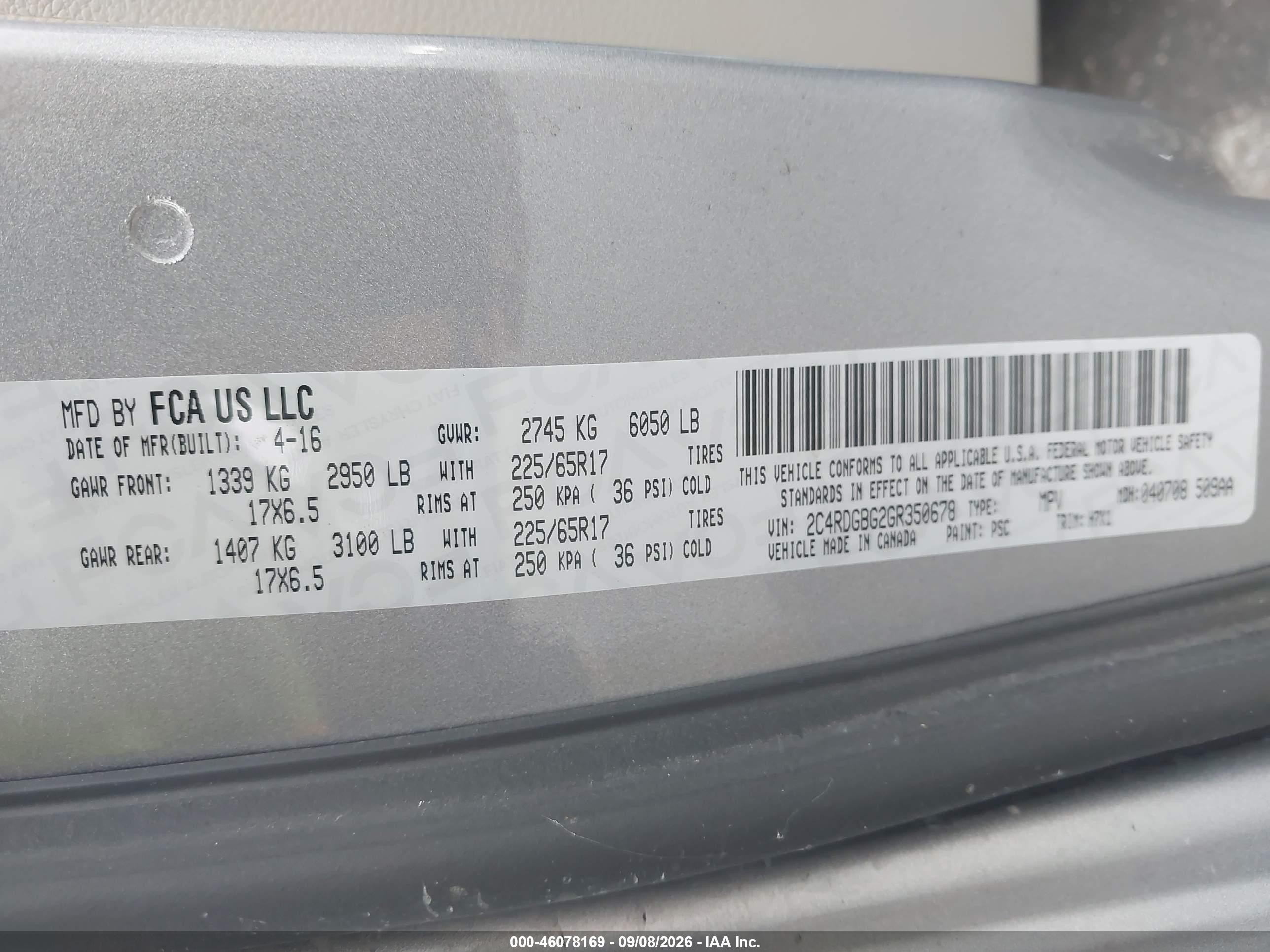 2016 Dodge Caravan VIN 2C4RDGBG2GR350678 IAAI salvage auction — Normal Wear, Clear (Michigan), sold $1,525 on 2026-09-14 (photo 9)