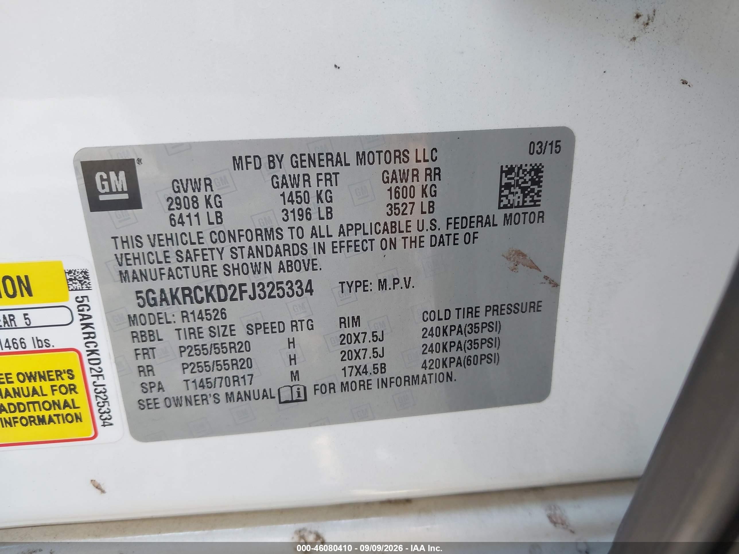 2015 Buick Enclave VIN 5GAKRCKD2FJ325334 IAAI salvage auction — Side, Clear (Virginia), sold $1,150 on 2026-09-23 (photo 9)