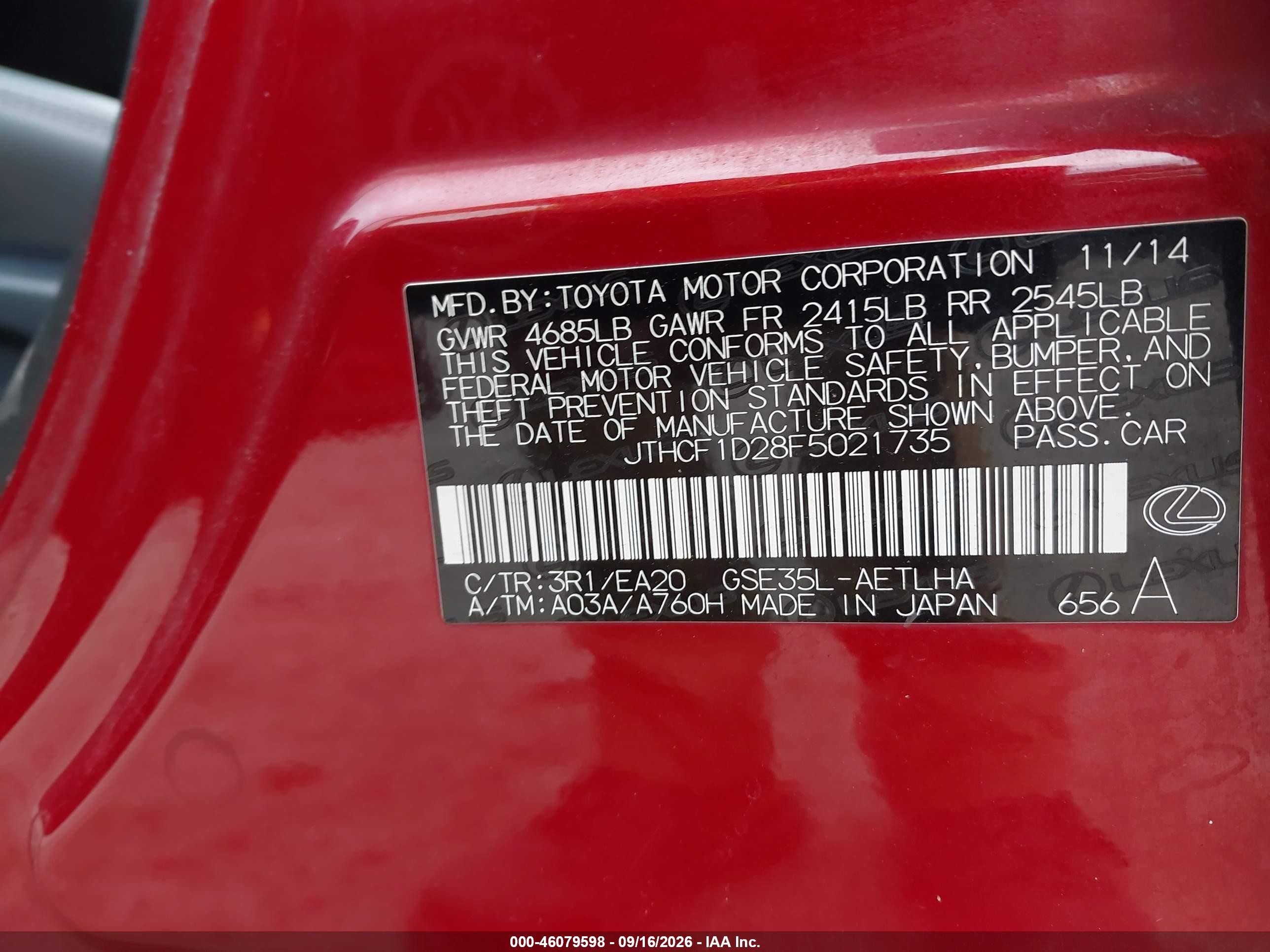 2015 Lexus IS 250 VIN JTHCF1D28F5021735 IAAI salvage auction — Water/Flood, Clear (Massachusetts), sold $7,600 on 2026-09-24 (photo 9)