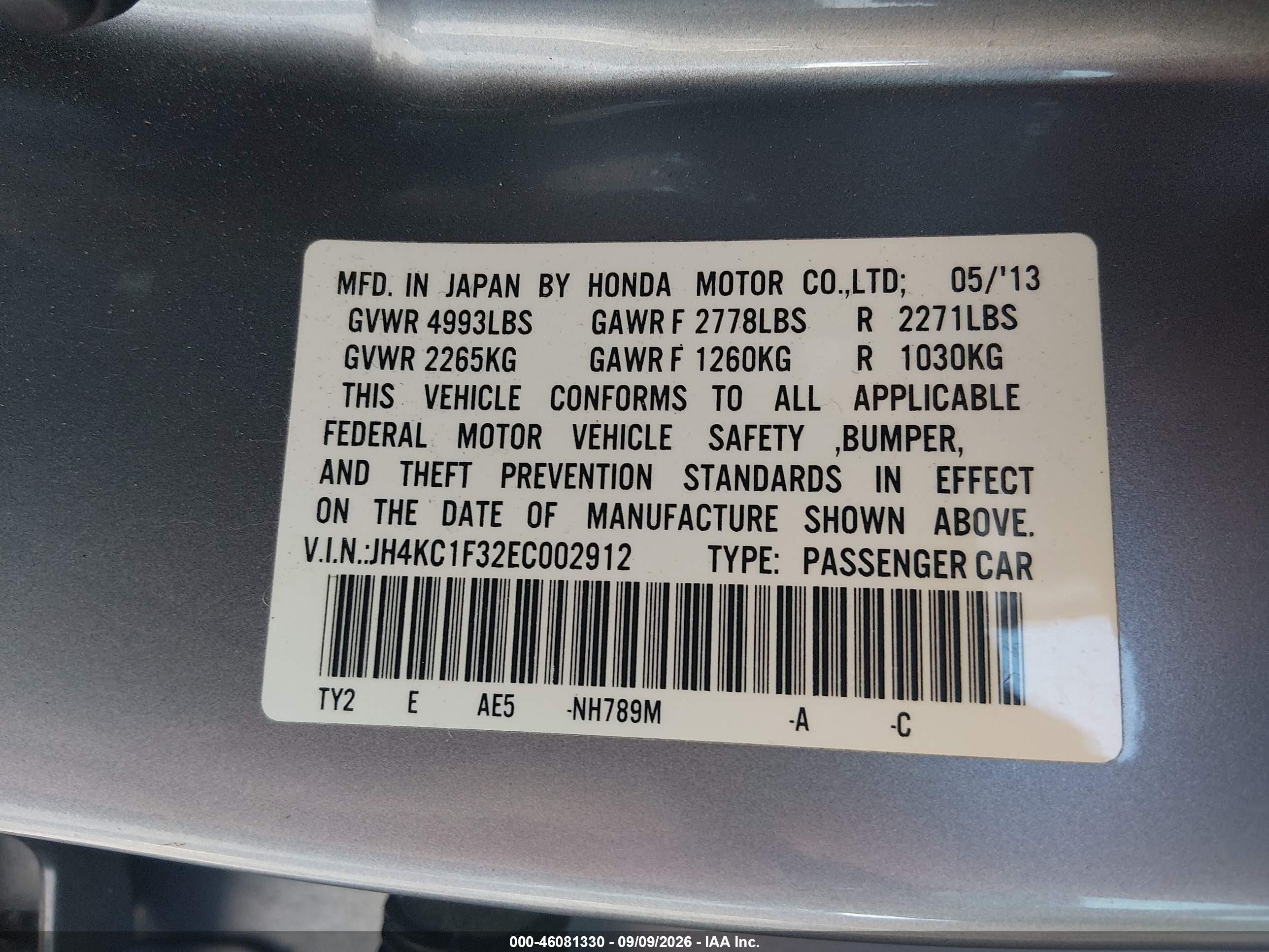 2014 Acura RLX VIN JH4KC1F32EC002912 IAAI salvage auction — Normal Wear, Clear (New Jersey), sold $2,325 on 2026-09-25 (photo 9)