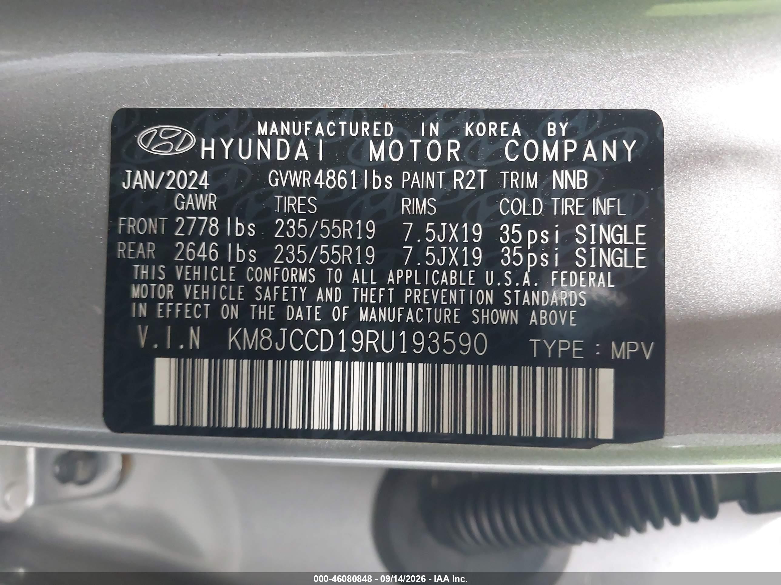 2024 Hyundai Tucson VIN KM8JCCD19RU193590 IAAI salvage auction — Front End, Certificate Of Destruction (Florida), sold $11,400 on 2026-10-07 (photo 9)