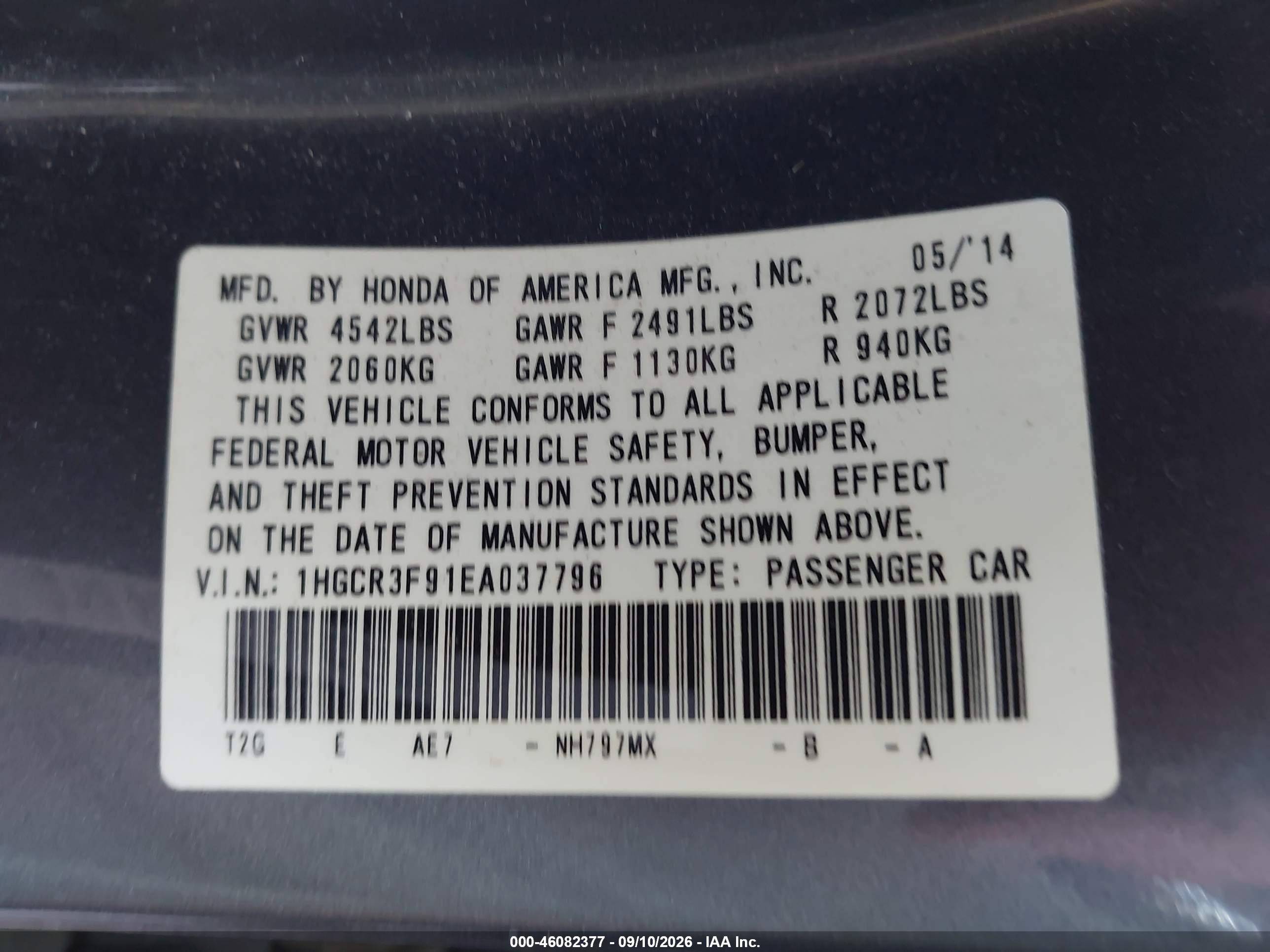 2014 Honda Accord VIN 1HGCR3F91EA037796 IAAI salvage auction — Front End, Original (Texas), sold $3,800 on 2026-09-27 (photo 9)