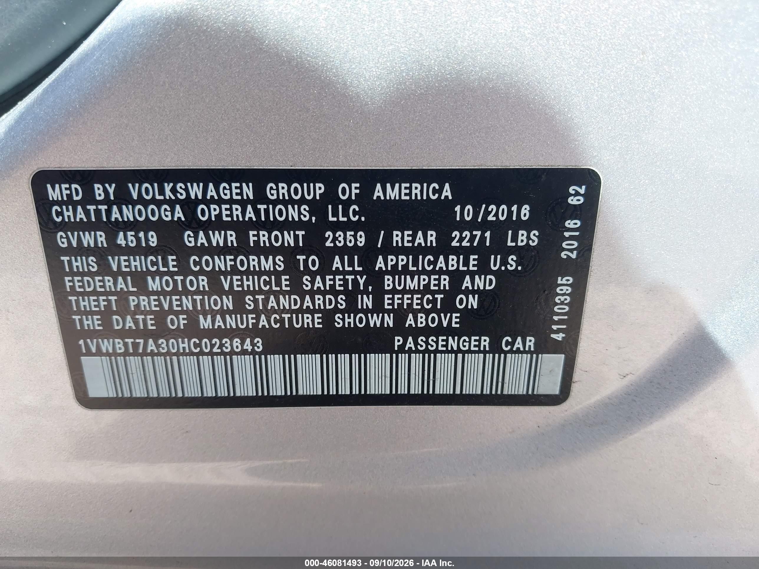 2017 Volkswagen Passat VIN 1VWBT7A30HC023643 IAAI salvage auction — Unknown, Salvage (North Carolina), sold $2,250 on 2026-09-24 (photo 9)