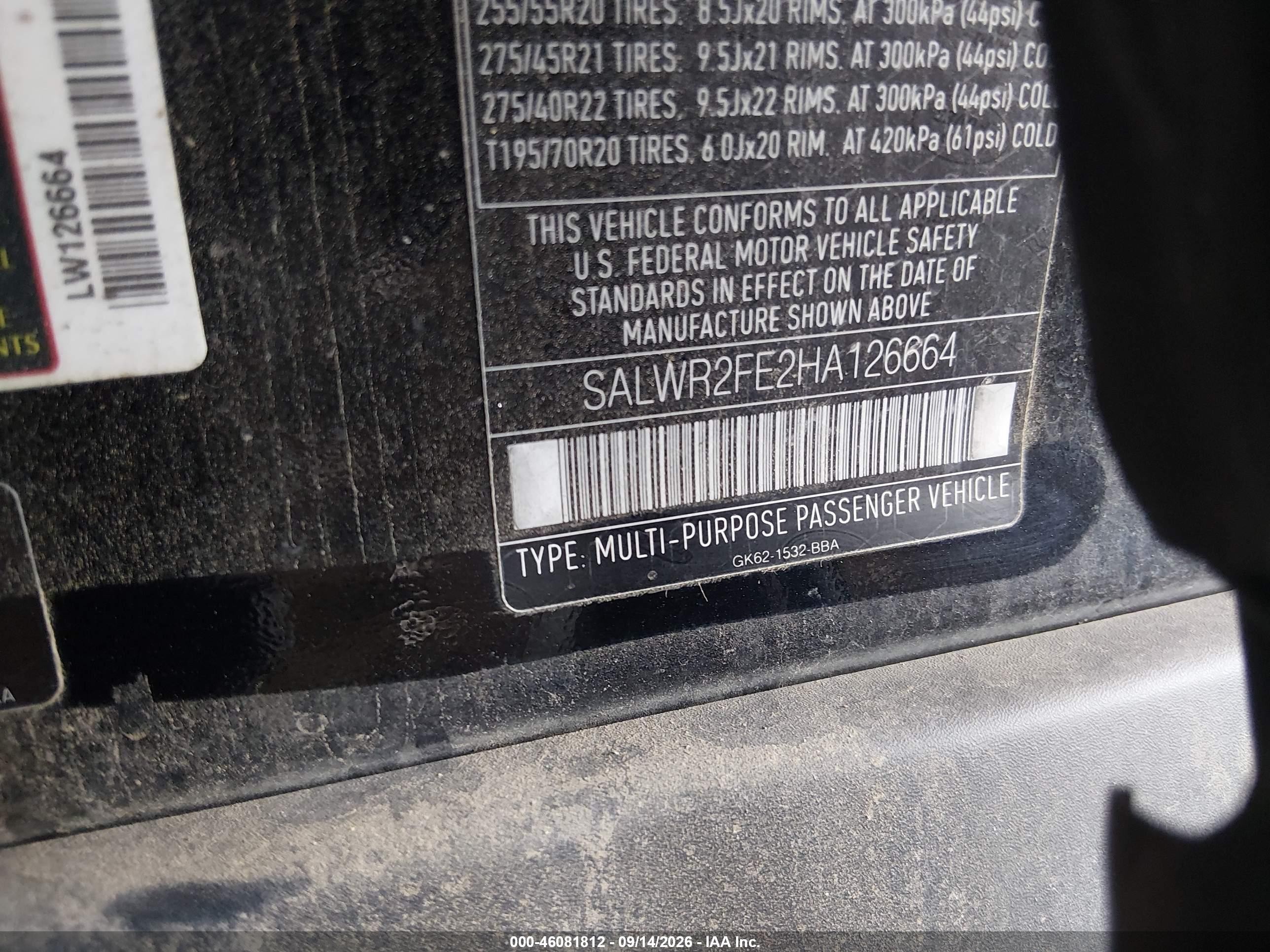 2017 Land rover Range rover sport VIN SALWR2FE2HA126664 IAAI salvage auction — Engine Damage, Nrc Lienholder Repossession Paperwork (Colorado), sold $375 on 2026-09-22 (photo 9)