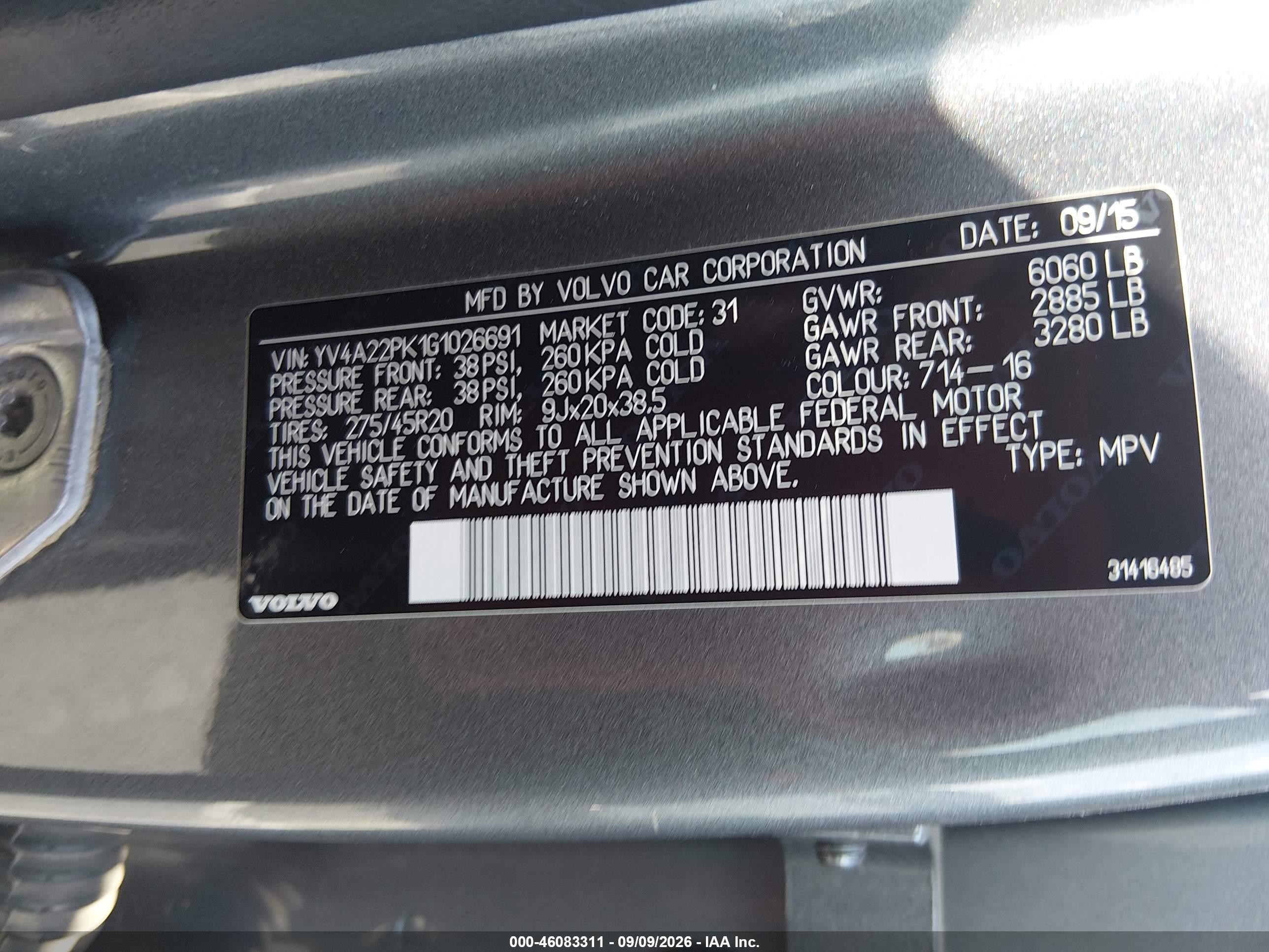 2016 Volvo XC90 VIN YV4A22PK1G1026691 IAAI salvage auction — Unknown, Clear (Tennessee), sold $5,300 on 2026-09-14 (photo 9)