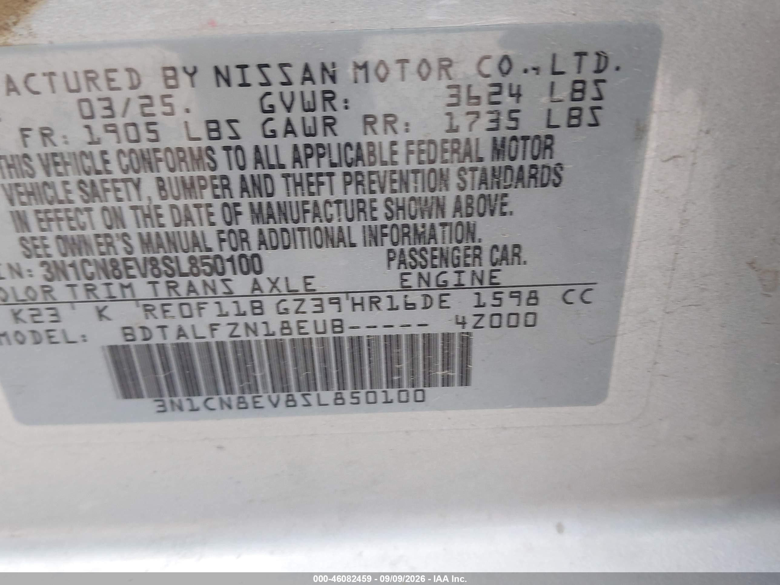 2025 Nissan Versa VIN 3N1CN8EV8SL850100 IAAI salvage auction — Unknown, Enterprise Vehicles Clear Only (Texas), sold $10,600 on 2026-09-13 (photo 9)