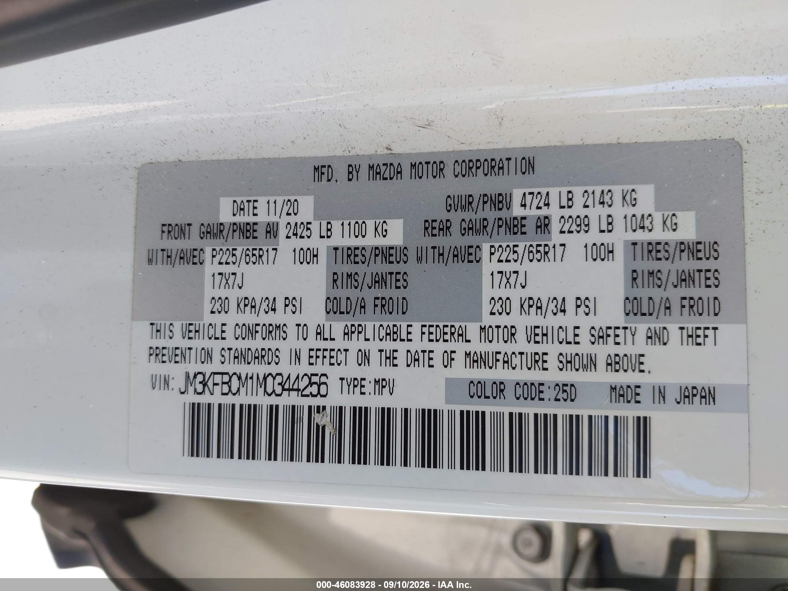 2021 Mazda CX-5 VIN JM3KFBCM1M0344256 IAAI salvage auction — Front End, Salvage (California), sold $1,700 on 2026-09-25 (photo 9)