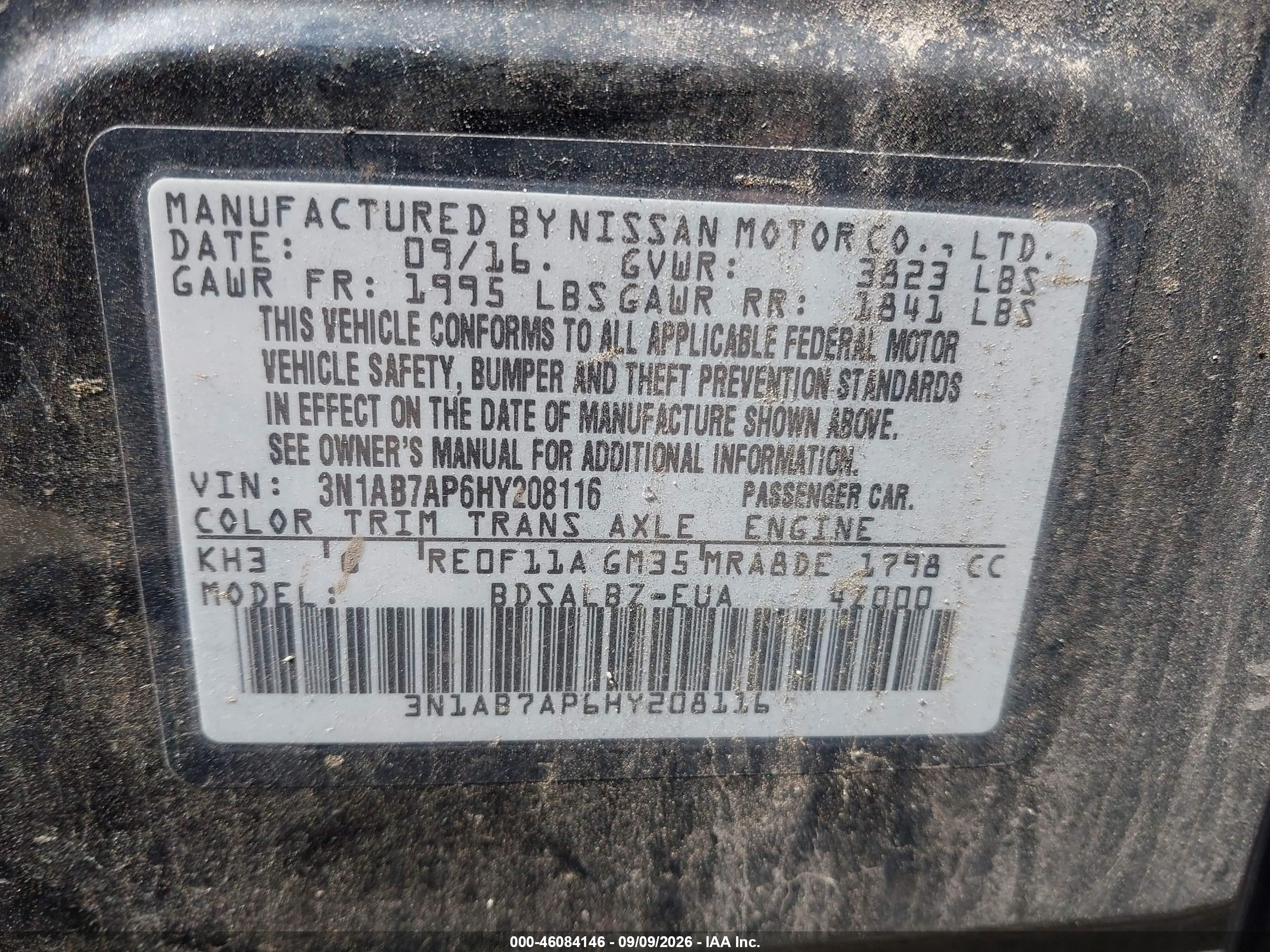 2017 Nissan Sentra VIN 3N1AB7AP6HY208116 IAAI salvage auction — Normal Wear, Clear (Virginia), sold $950 on 2026-10-03 (photo 9)