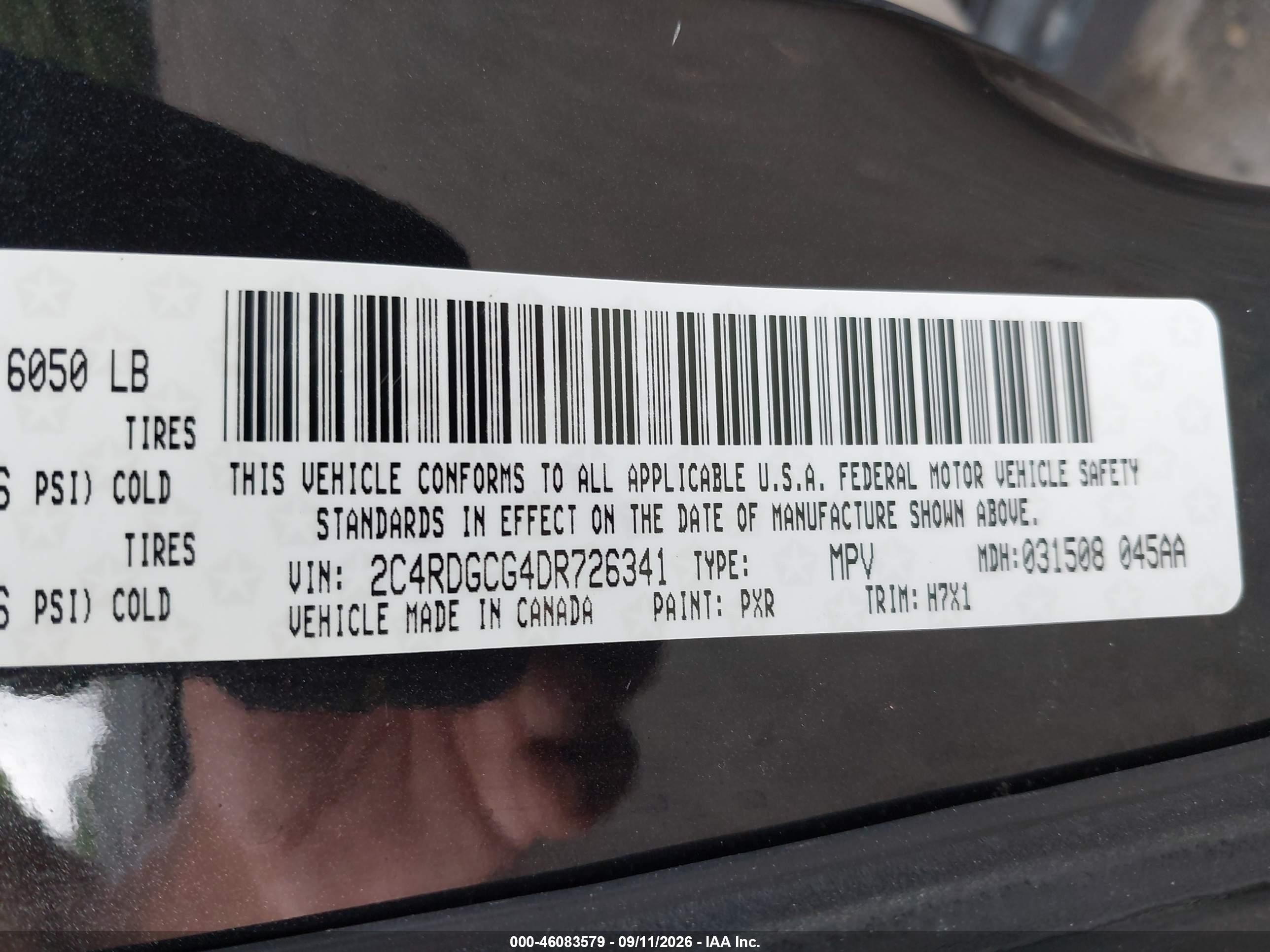 2013 Dodge Grand caravan VIN 2C4RDGCG4DR726341 IAAI salvage auction — Normal Wear, Clear (Maryland), sold $650 on 2026-10-03 (photo 9)