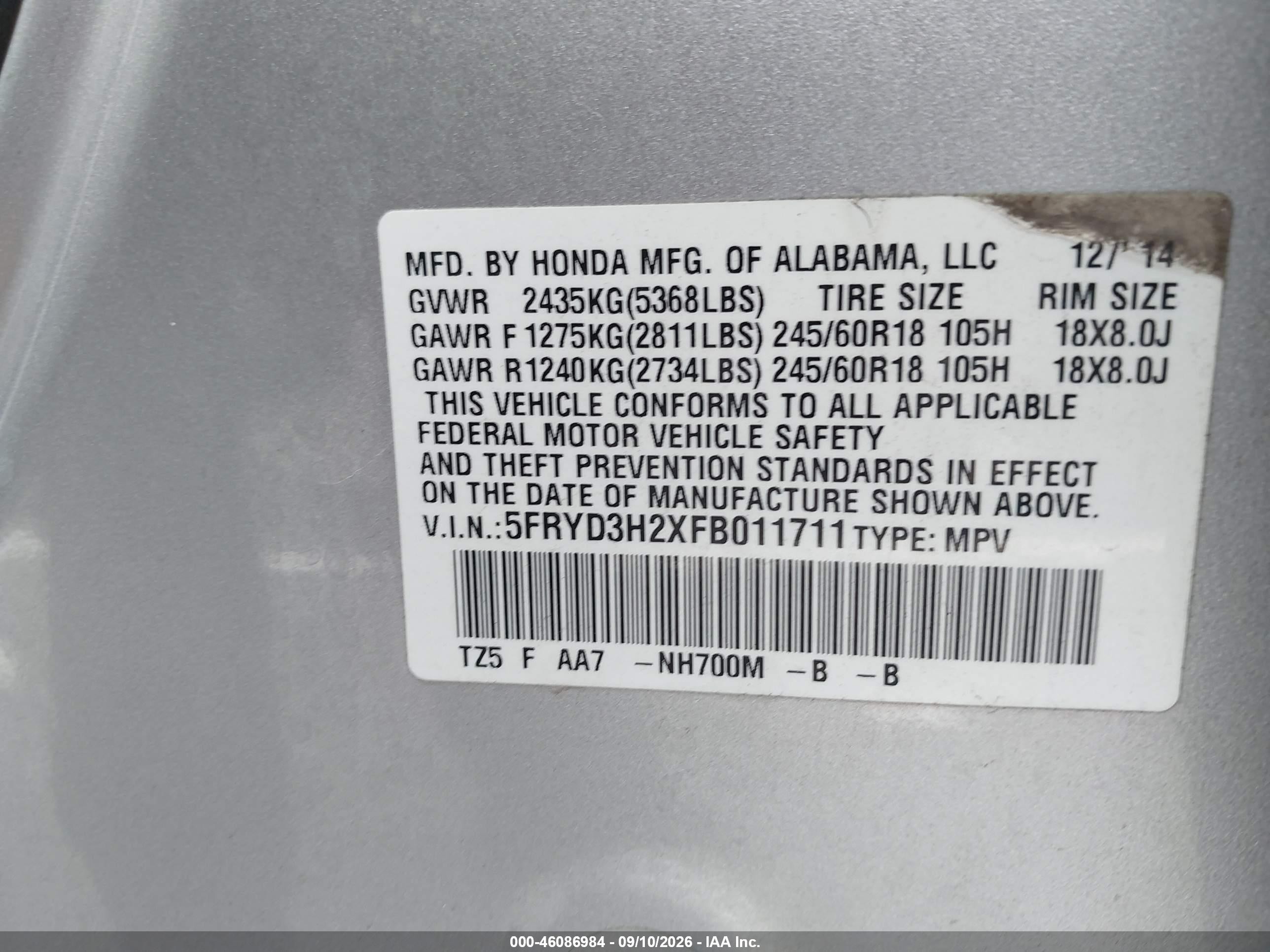 2015 Acura Mdx VIN 5FRYD3H2XFB011711 IAAI salvage auction — Front End, Salvage (Tennessee), sold $2,050 on 2026-09-21 (photo 9)
