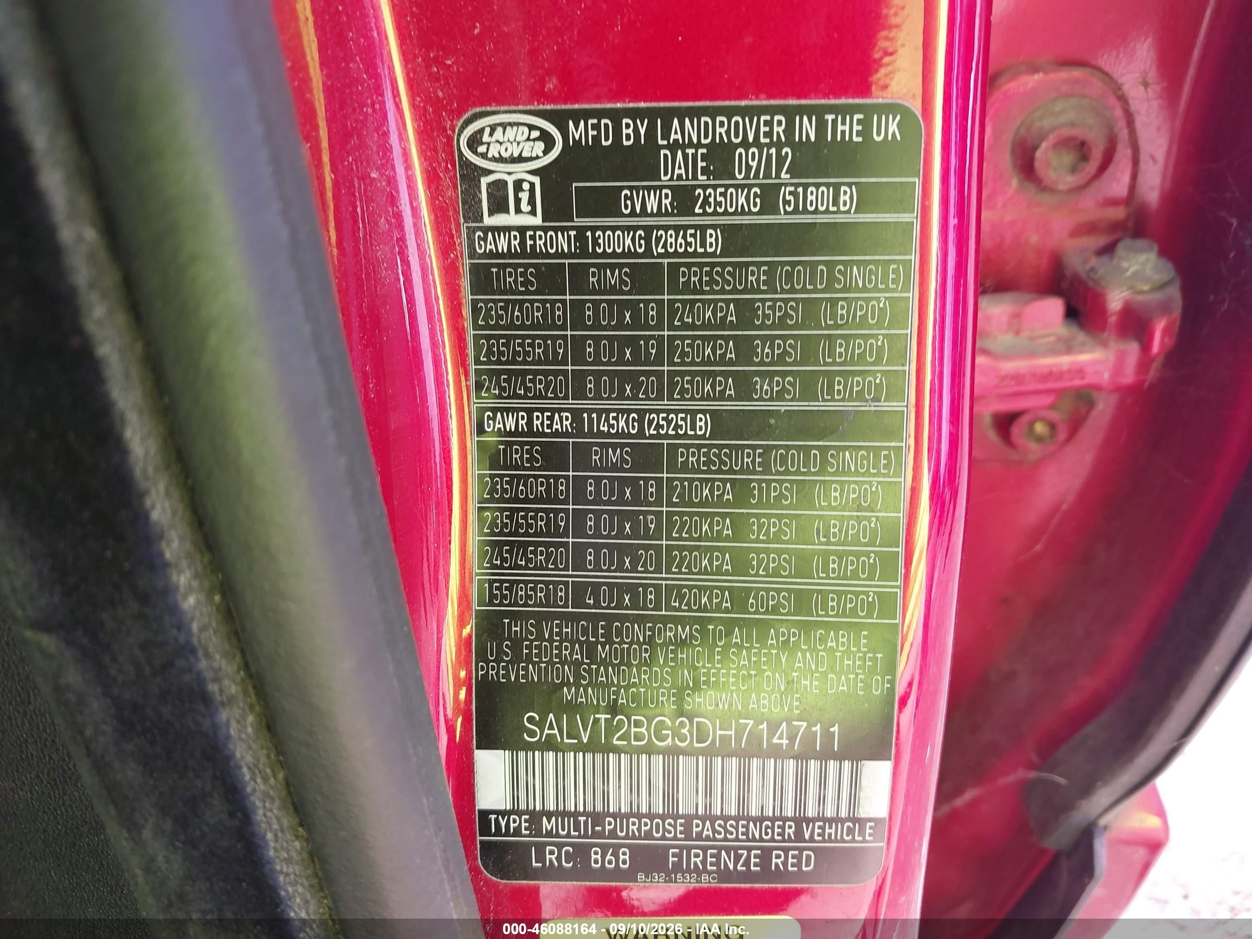 2013 Land rover Range rover evoque VIN SALVT2BG3DH714711 IAAI salvage auction — Normal Wear, Clear (New York), sold $700 on 2026-09-13 (photo 9)