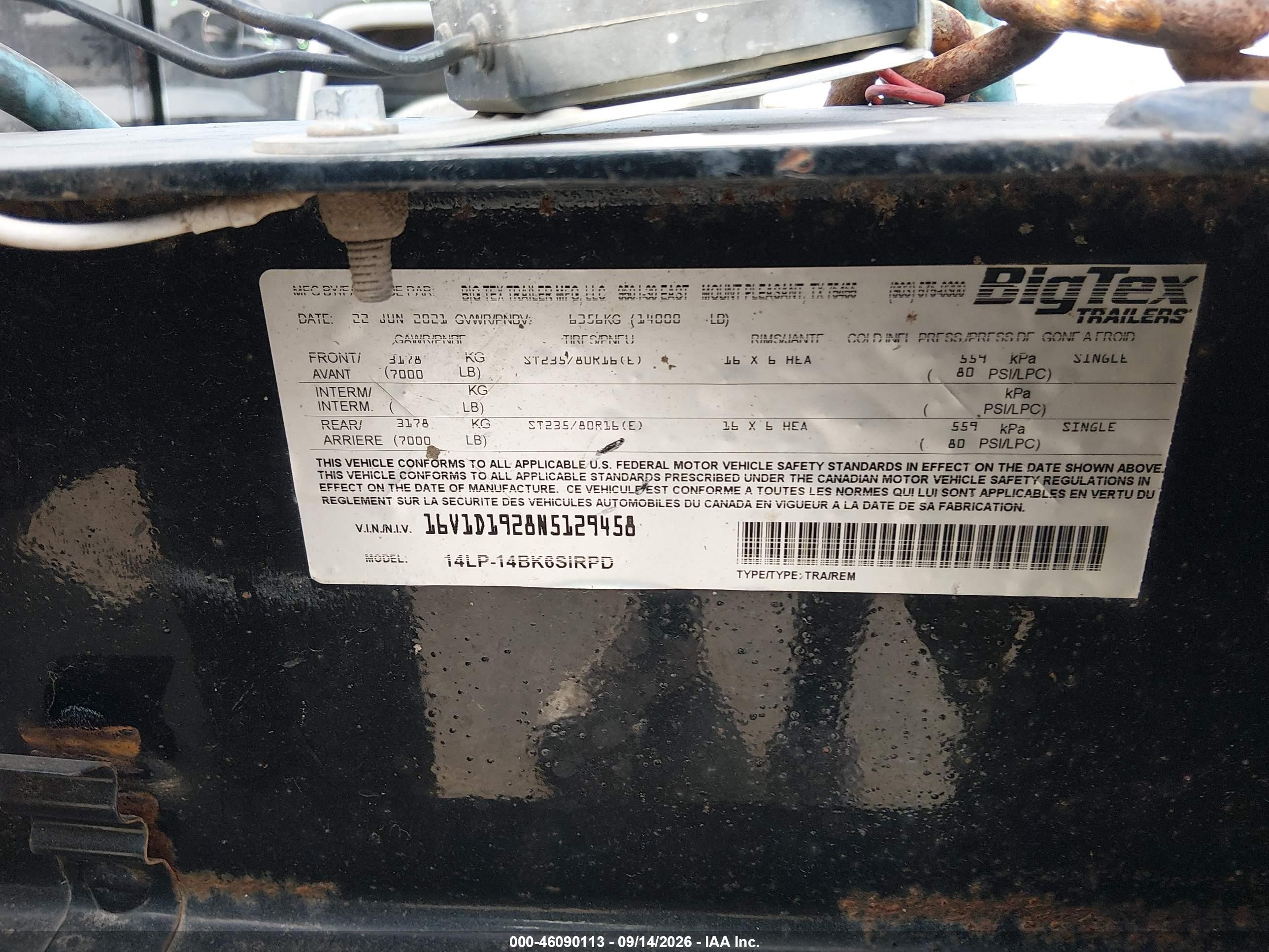 2022 Big Tex Trailer Co Inc Big Tex Trailer Co Inc VIN 16V1D1928N5129458 IAAI salvage auction — Unknown, Salvage (Texas), sold $6,200 on 2026-09-24 (photo 8)