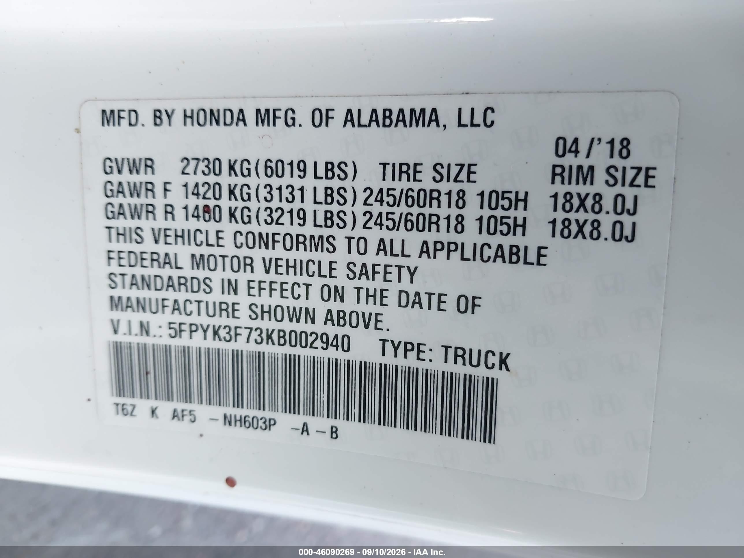 2019 Honda Ridgeline VIN 5FPYK3F73KB002940 IAAI salvage auction — Unknown, Salvage (Arizona), sold $7,600 on 2026-10-08 (photo 9)
