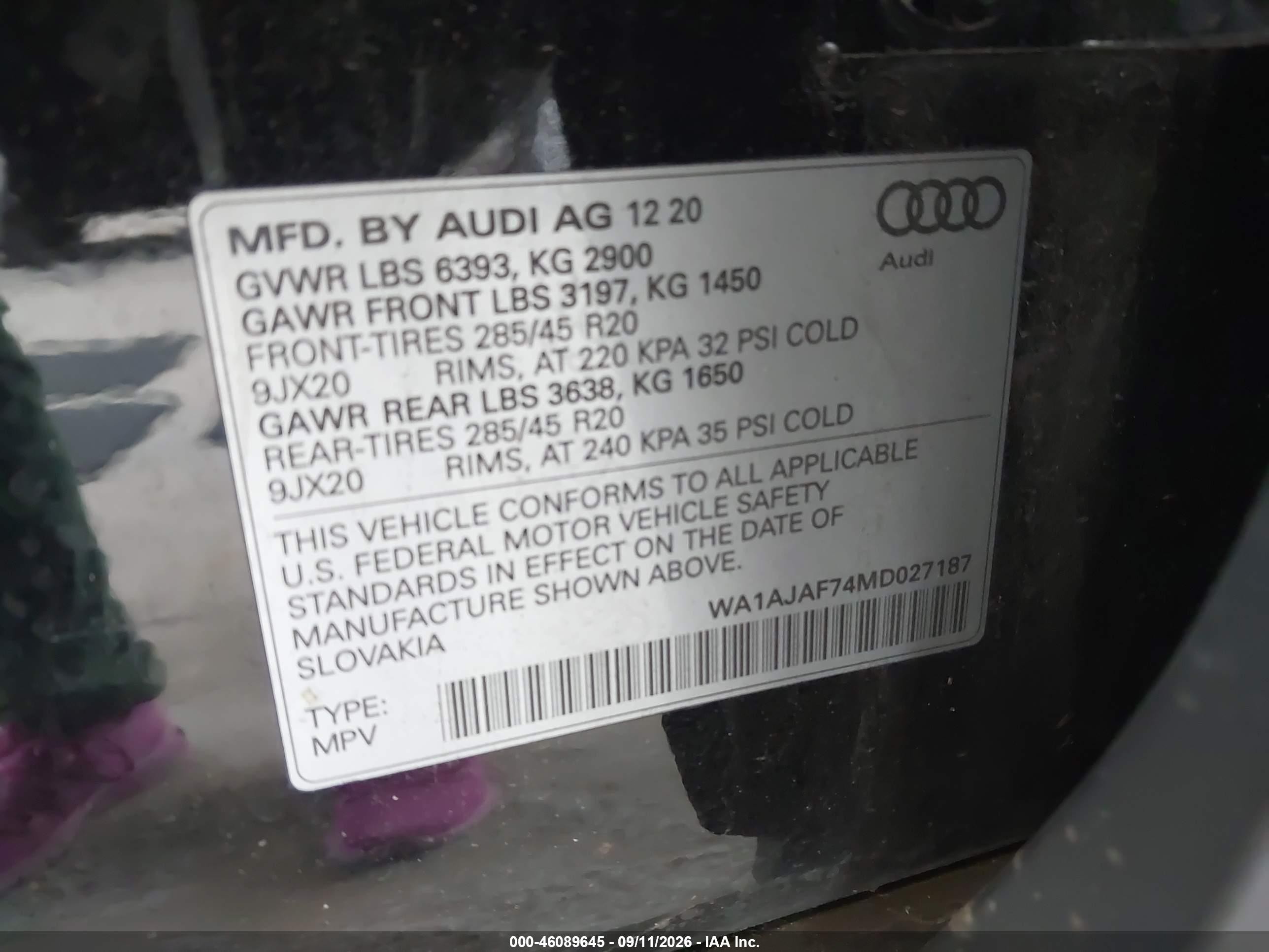 2021 Audi Q7 VIN WA1AJAF74MD027187 IAAI salvage auction — Side, Bill Of Sale (Washington), sold $14,300 on 2026-09-30 (photo 9)