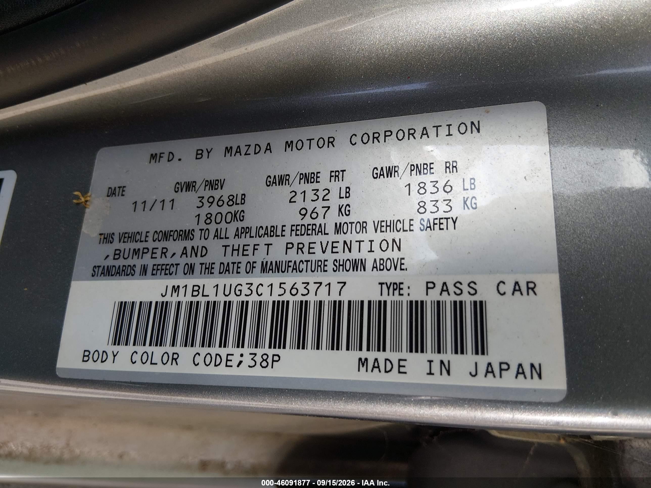 2012 Mazda 3 VIN JM1BL1UG3C1563717 IAAI salvage auction — Normal Wear, Original (Texas), sold $2,525 on 2026-10-02 (photo 9)