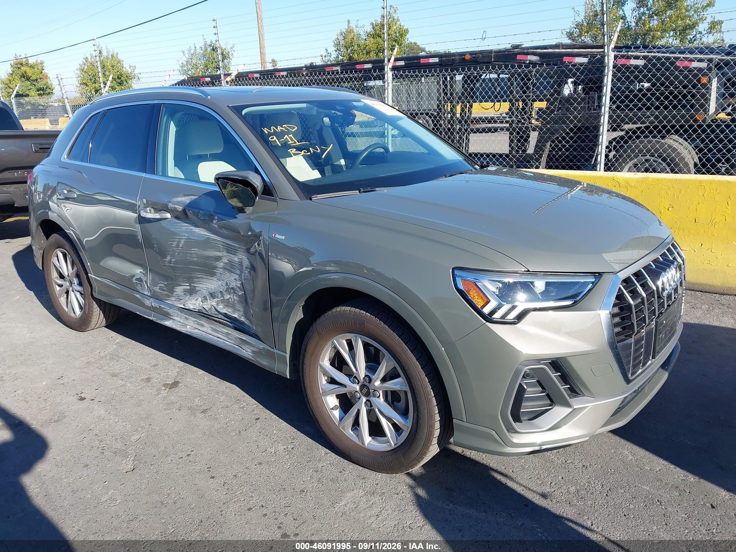 2023 Audi Q3 VIN WA1EECF36P1067761 IAAI salvage auction — Side, Salvage (California), sold $13,125 on 2026-09-27 (photo 1)