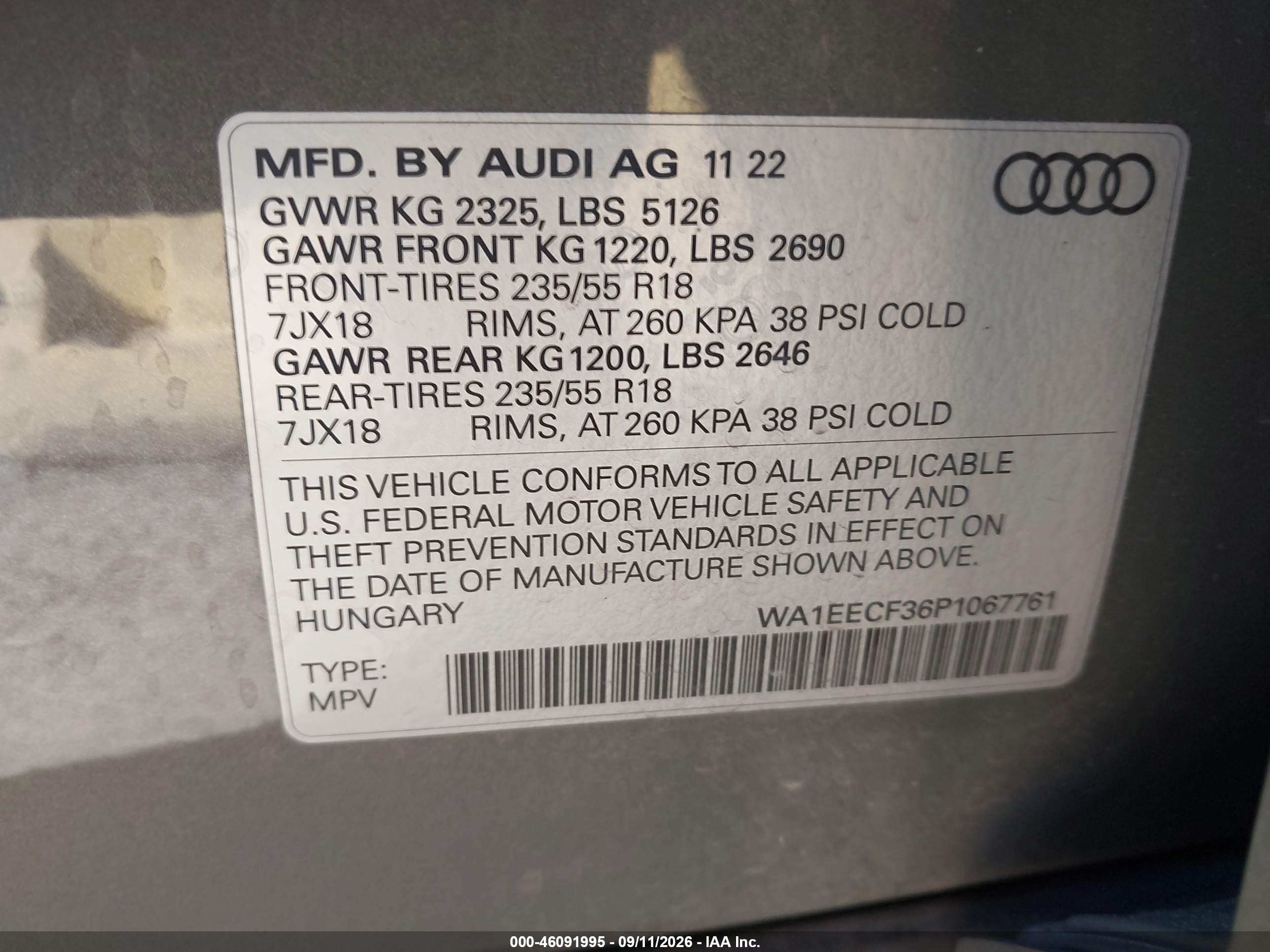 2023 Audi Q3 VIN WA1EECF36P1067761 IAAI salvage auction — Side, Salvage (California), sold $13,125 on 2026-09-27 (photo 9)