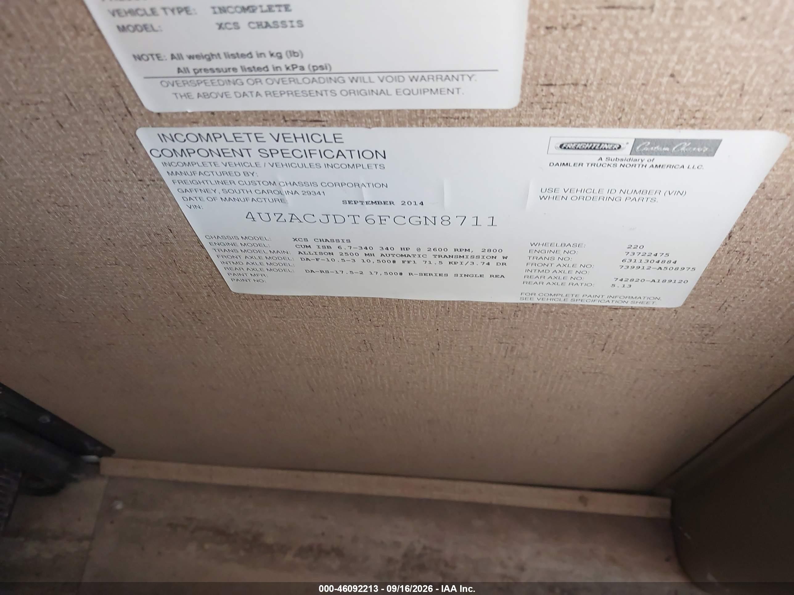 2015 Freightliner Chassis VIN 4UZACJDT6FCGN8711 IAAI salvage auction — Normal Wear, Clear (Virginia), sold $28,550 on 2026-10-16 (photo 9)