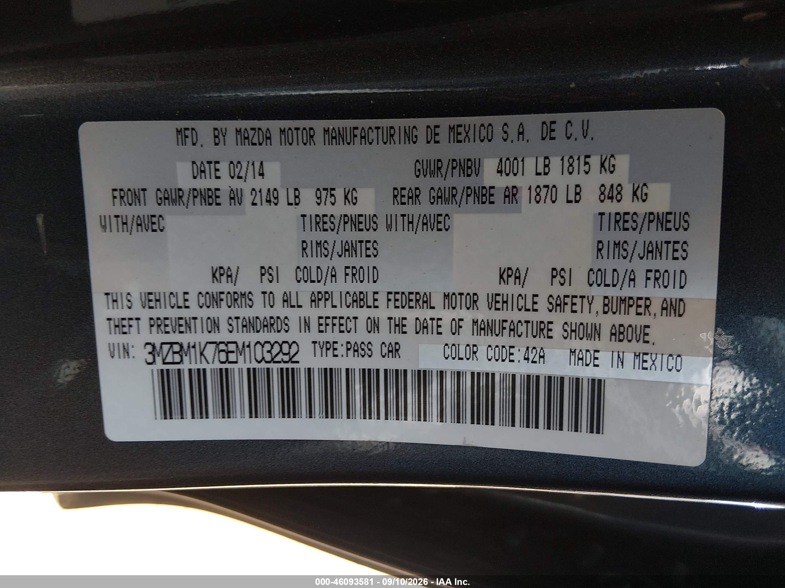 2014 Mazda 3 VIN 3MZBM1K76EM103292 IAAI salvage auction — Front End, Salvage (Arizona), sold $1,350 on 2026-09-14 (photo 9)