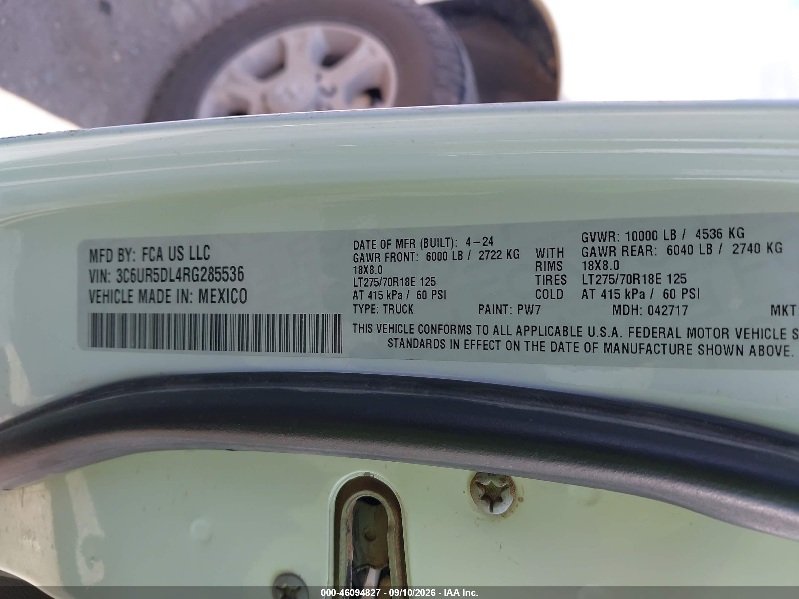 2024 Ram 2500 VIN 3C6UR5DL4RG285536 IAAI salvage auction — Unknown, Enterprise Vehicles Clear Only (Texas), sold $30,000 on 2026-09-13 (photo 9)