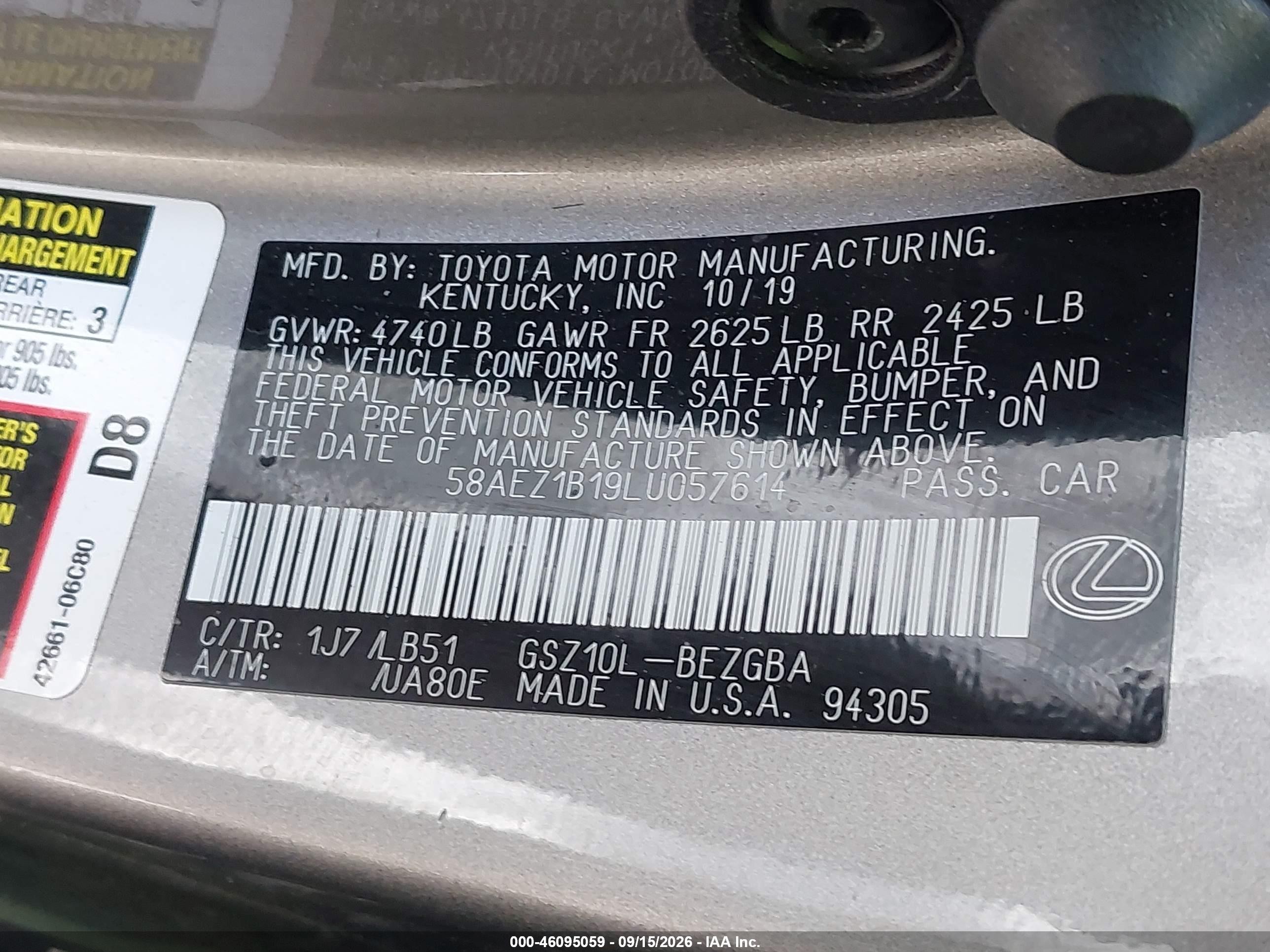 2020 Lexus ES VIN 58AEZ1B19LU057614 IAAI salvage auction — Front & Rear, Salvage (Texas), sold $8,100 on 2026-10-23 (photo 9)