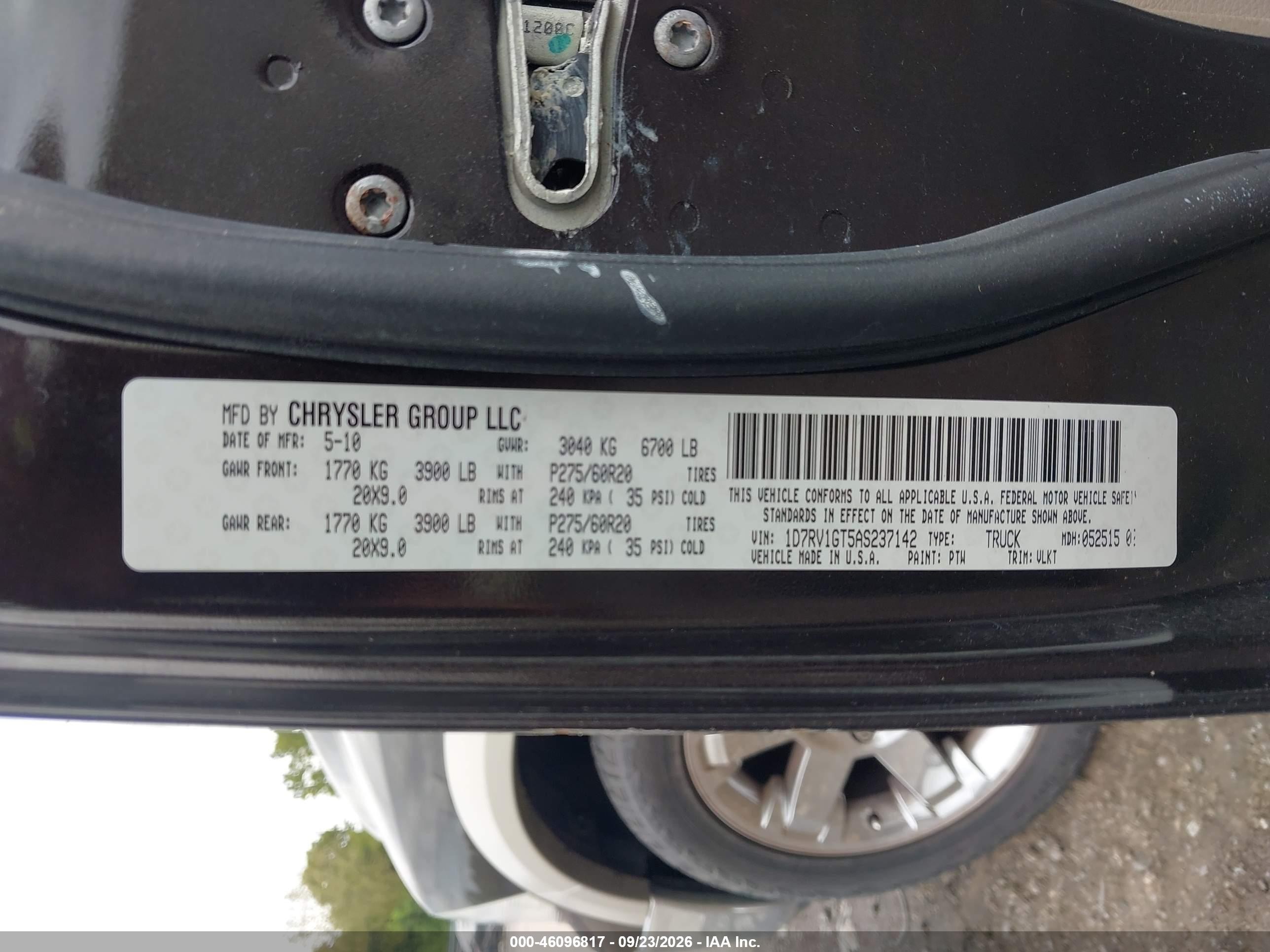 2010 Dodge Ram 1500 VIN 1D7RV1GT5AS237142 IAAI salvage auction — Unknown, Salvage (Pennsylvania), sold $7,400 on 2026-10-07 (photo 9)