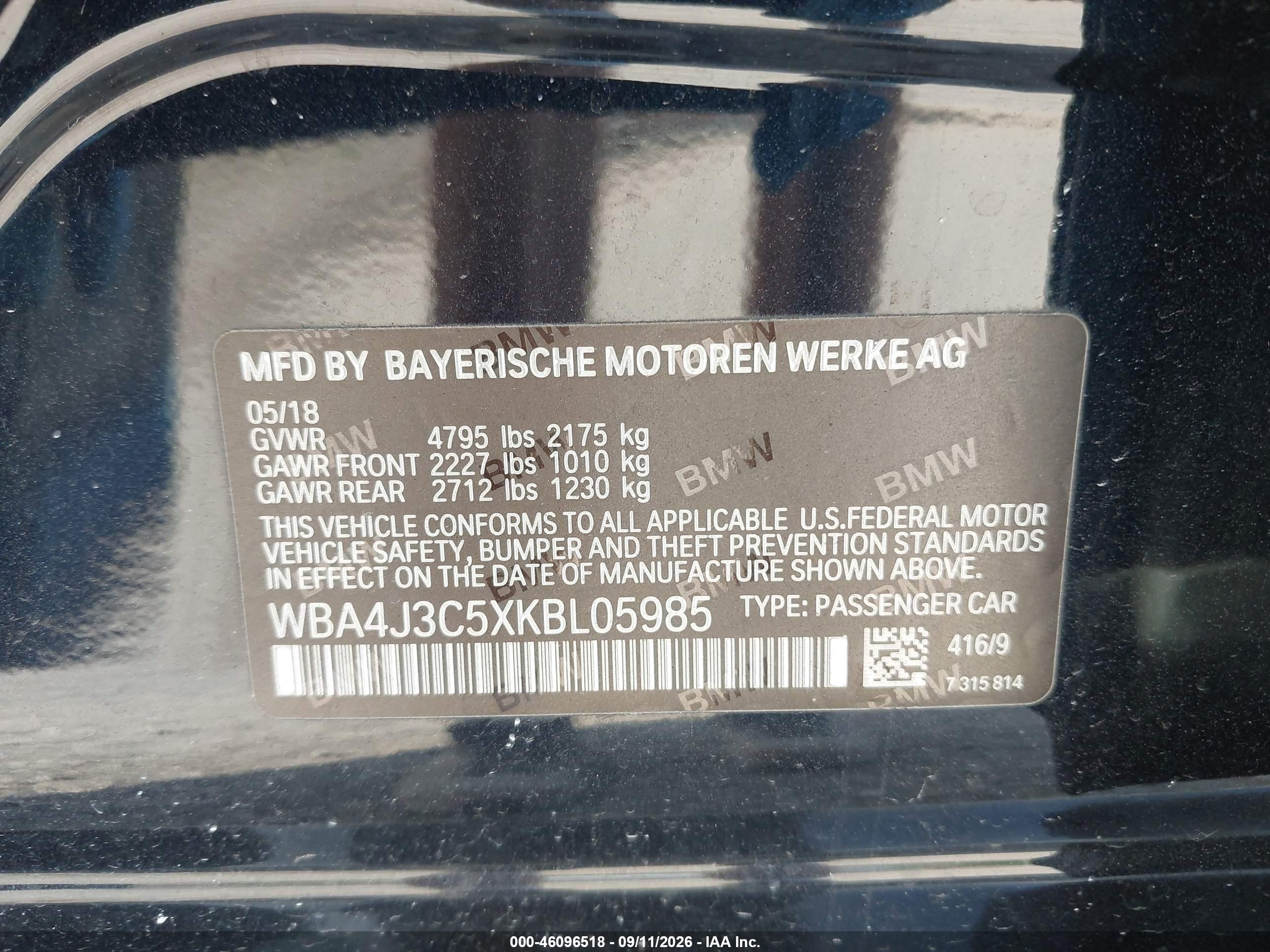 2019 BMW 4er VIN WBA4J3C5XKBL05985 IAAI salvage auction — Rear End, Salvage (Pennsylvania), sold $8,900 on 2026-10-07 (photo 9)