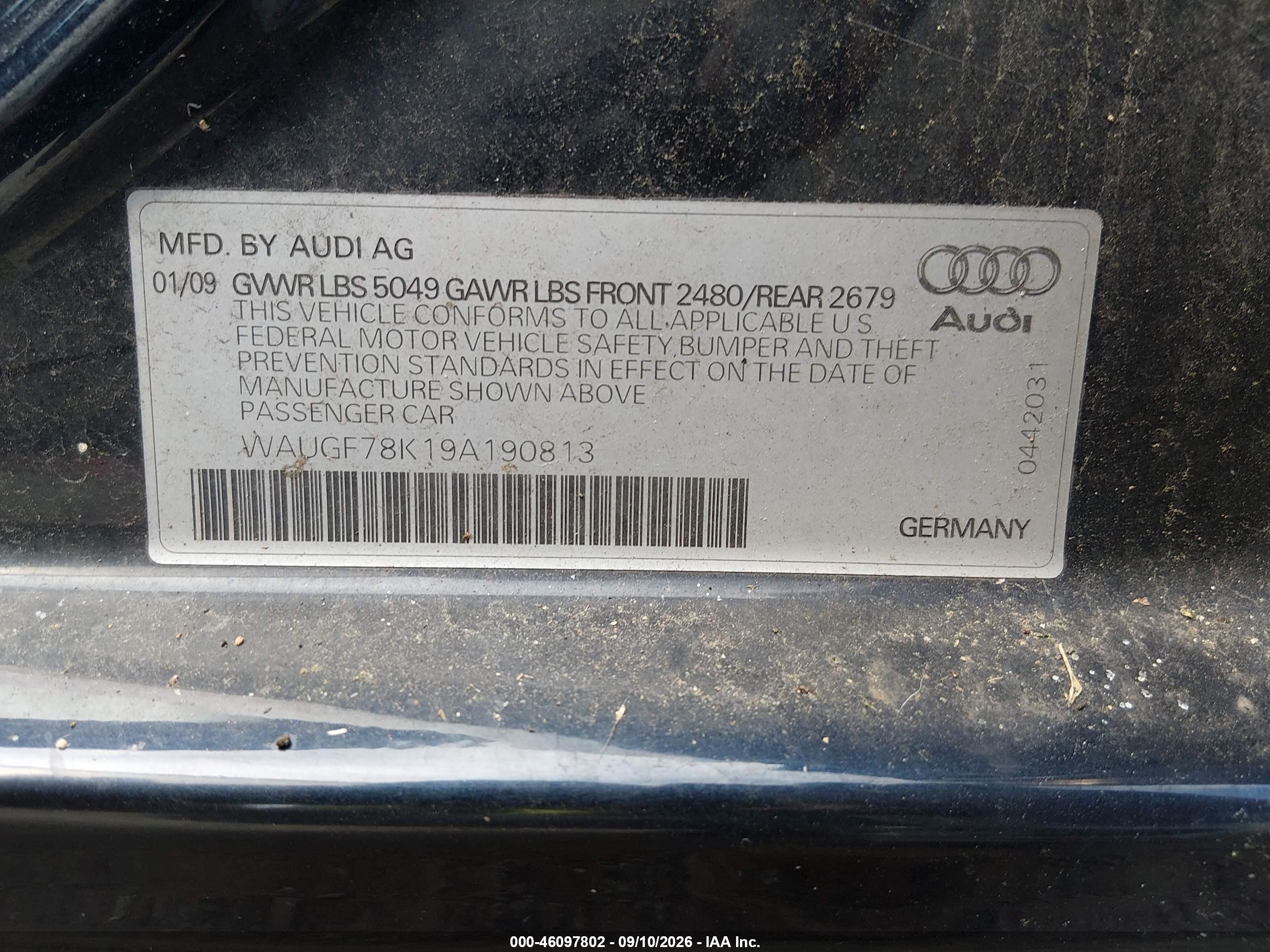 2009 Audi A4 VIN WAUGF78K19A190813 IAAI salvage auction — Normal Wear, Salvage (Texas), sold $575 on 2026-10-10 (photo 9)