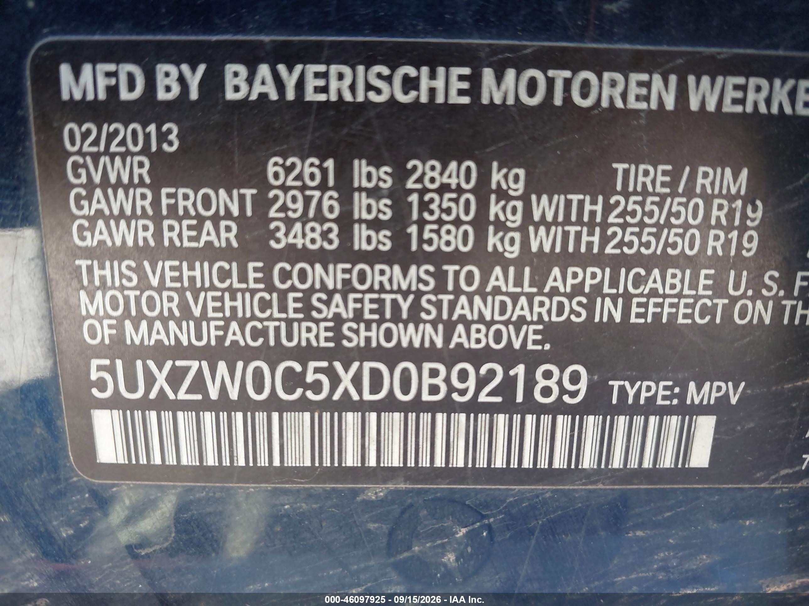 2013 BMW X5 VIN 5UXZW0C5XD0B92189 IAAI salvage auction — Normal Wear, Original (Maine), sold $1,500 on 2026-10-24 (photo 9)