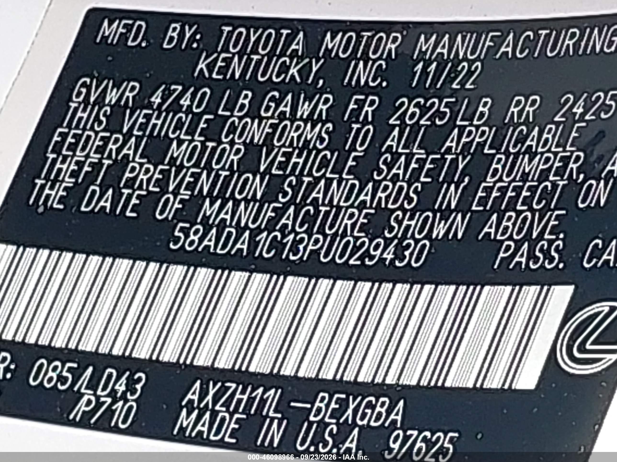 2023 Lexus Es 300h VIN 58ADA1C13PU029430 IAAI salvage auction — Rear End, Salvage (Connecticut), sold $18,200 on 2026-09-29 (photo 9)